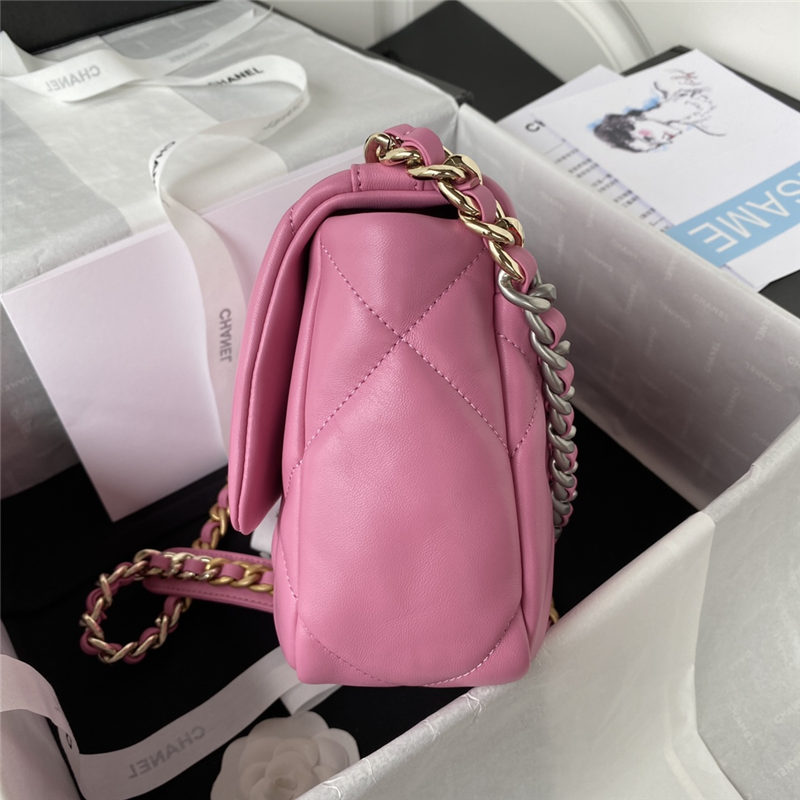 Chanel 19 Flap Bag Lambskin Dark Pink Silver High