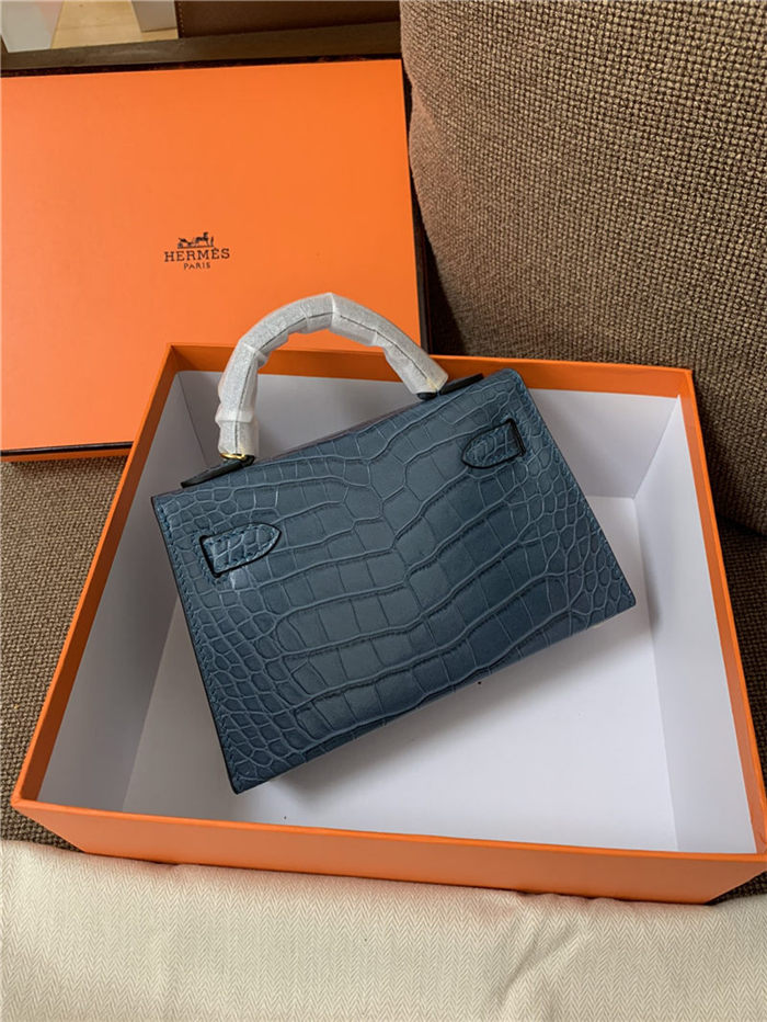Hermes Kelly Mini II Bag Embossed Crocodile Leather WAX Silver/Gold Metal High Customizing style