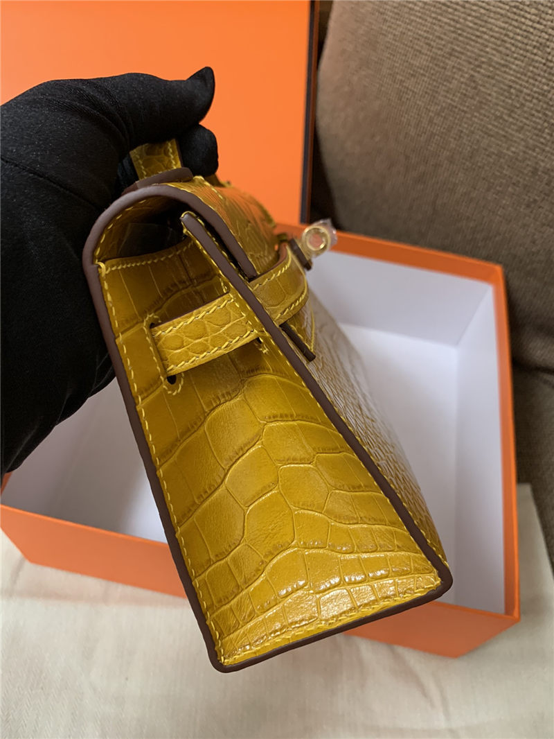 Hermes Kelly Pochette Bag Crocodile Silver/Gold Metal WAX High Customizing Style