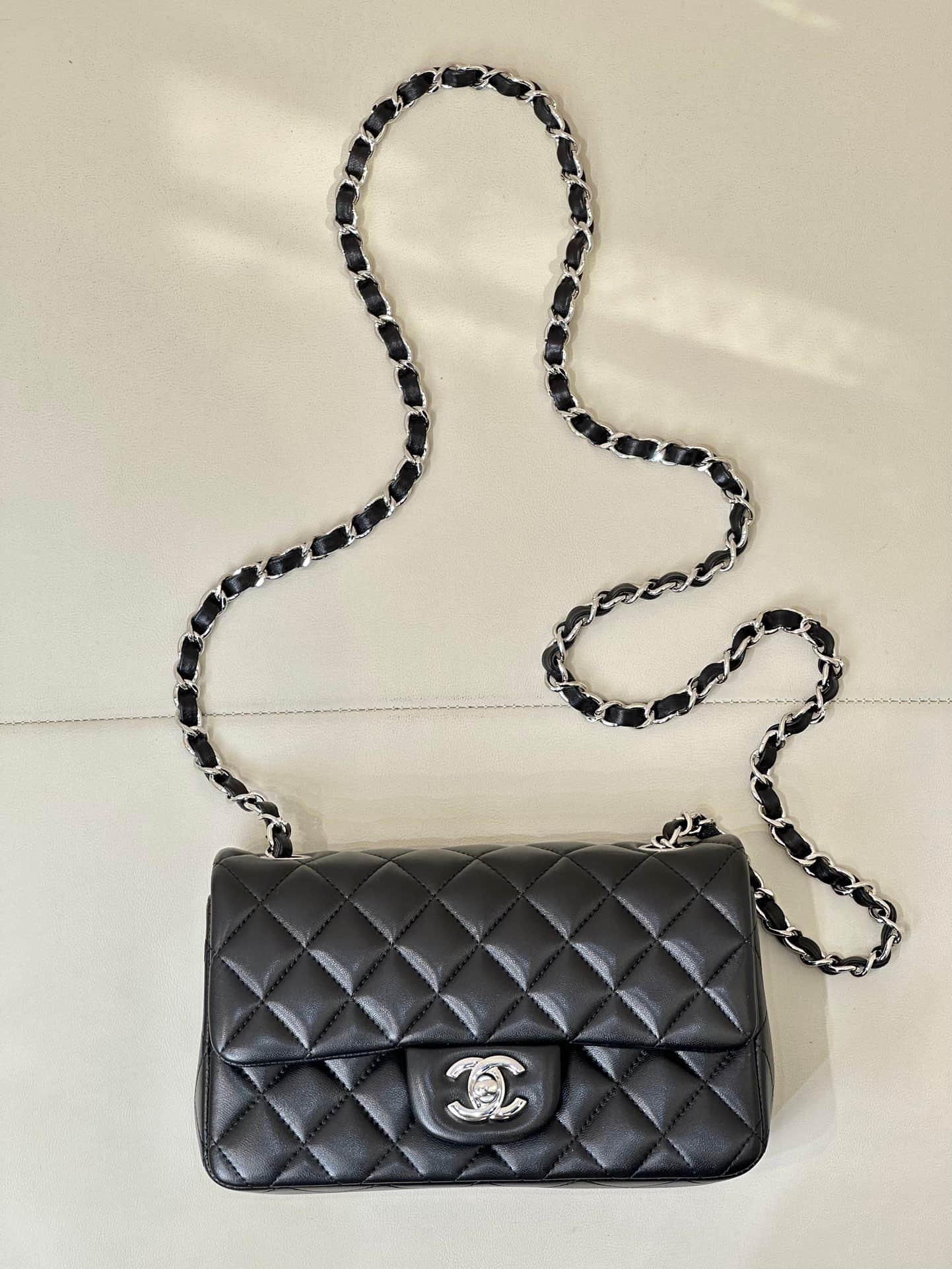 CHANEL Mini Classic Handbag Lambskin & Silver-Tone Metal A69900 Black TOP