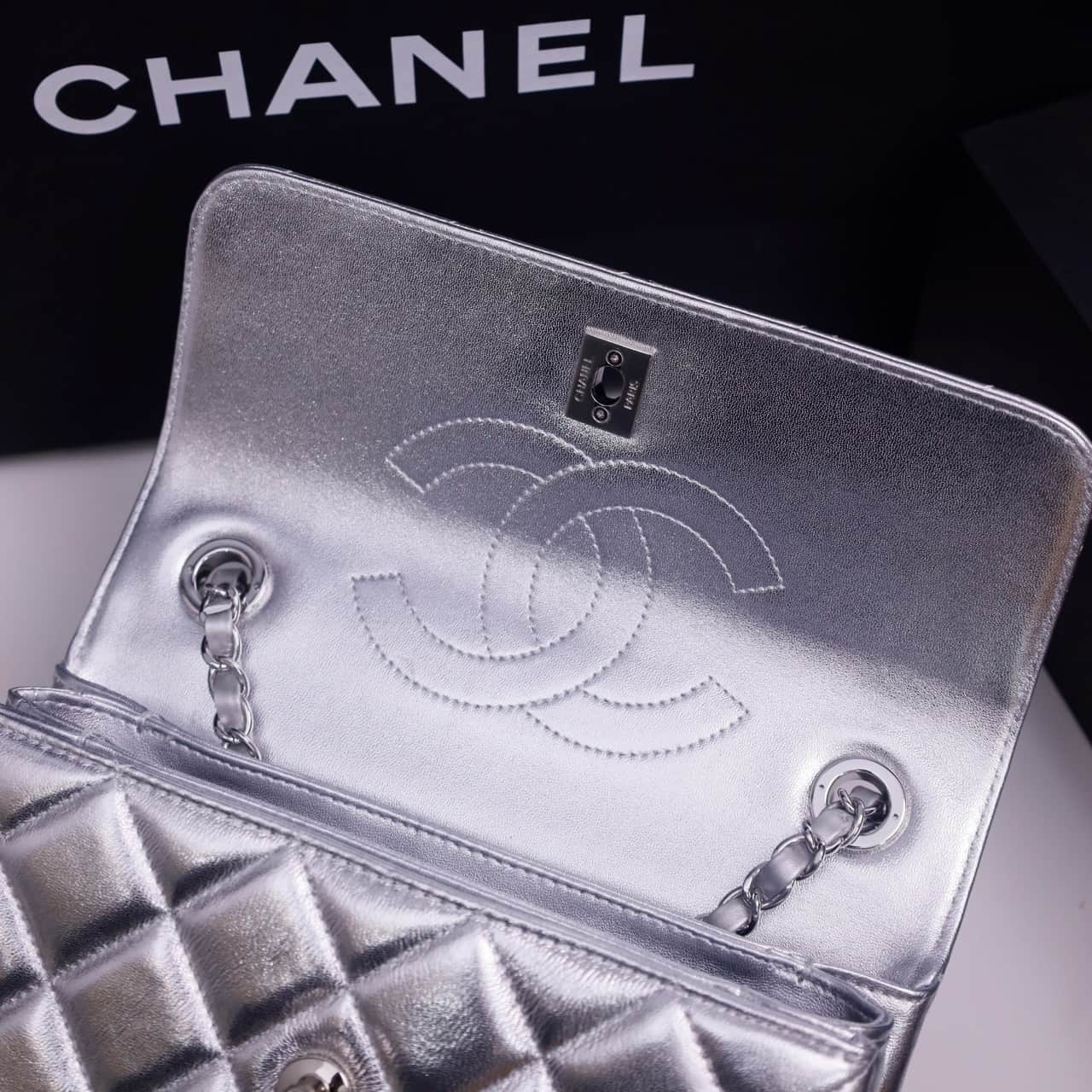 SMALL FLAP BAG WITH TOP HANDLE Lambskin Silver Metal Silver A