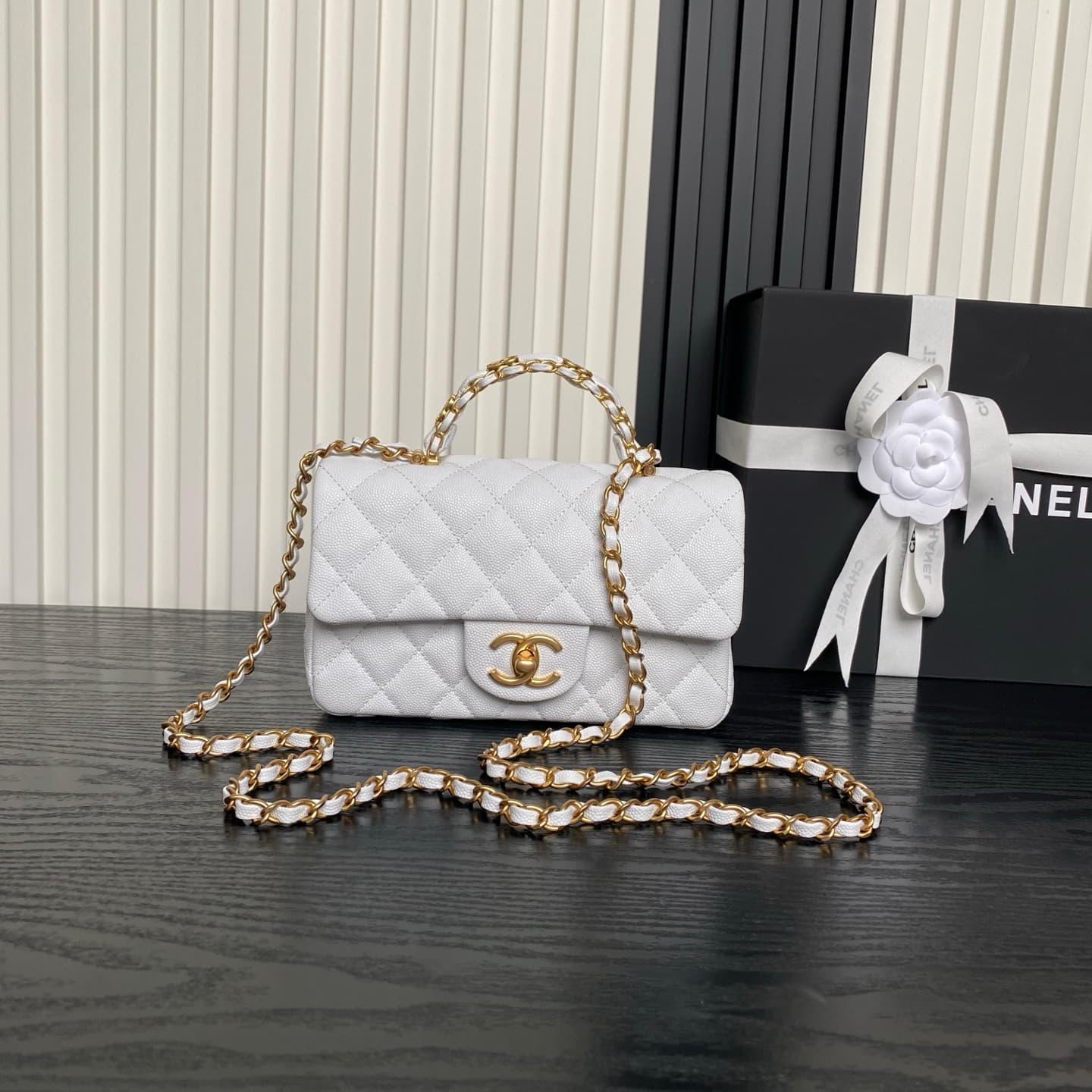 Chanel MIini Flap Bag with Top Handle Grained Shiny Calfskin &  Gold-Tone Metal White AS5702 A