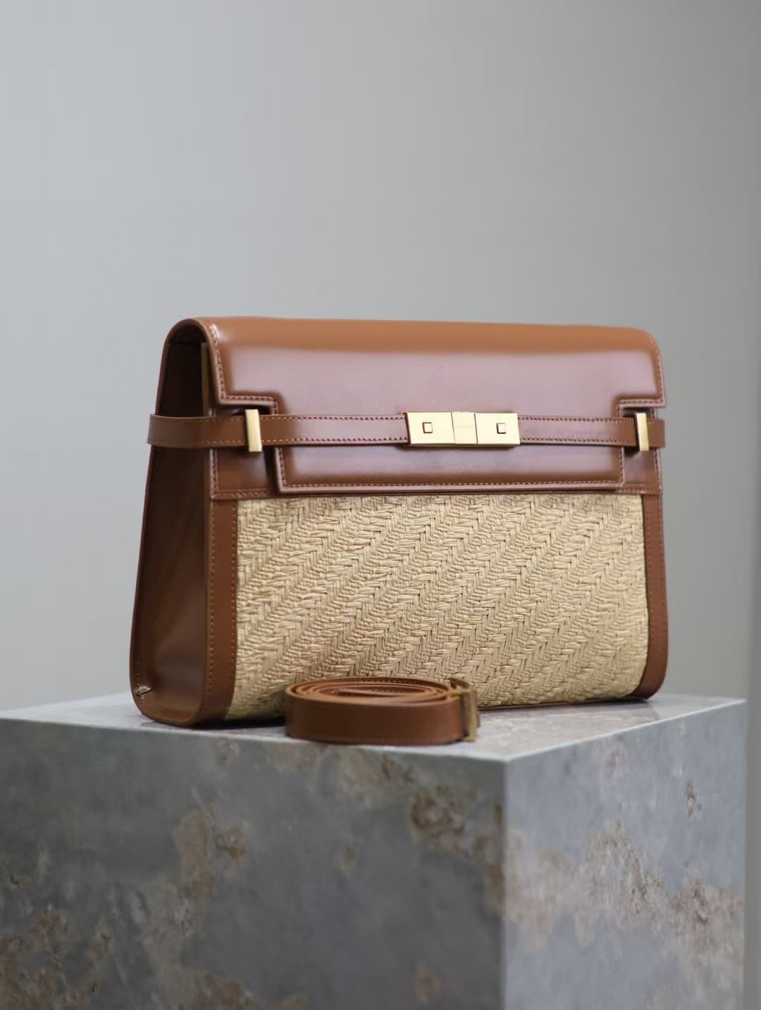 MANHATTAN SHOULDER BAG IN RAFFIA AND SMOOTH LEATHER High