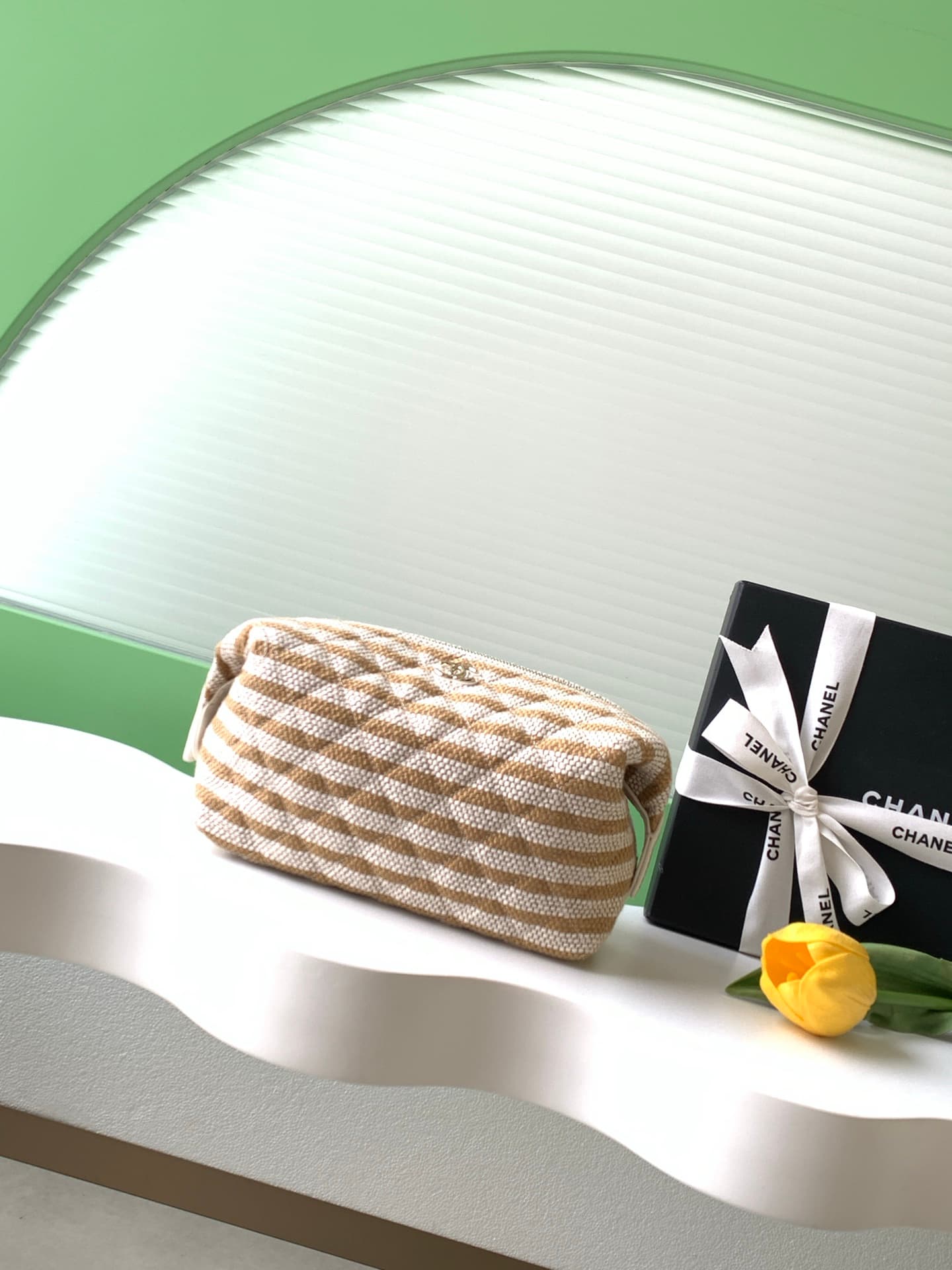 CHANEL Stripe Cosmetic Pouch Bag Printed fabric & Gold-Tone Metal Beige & Light Beige AP4990 A