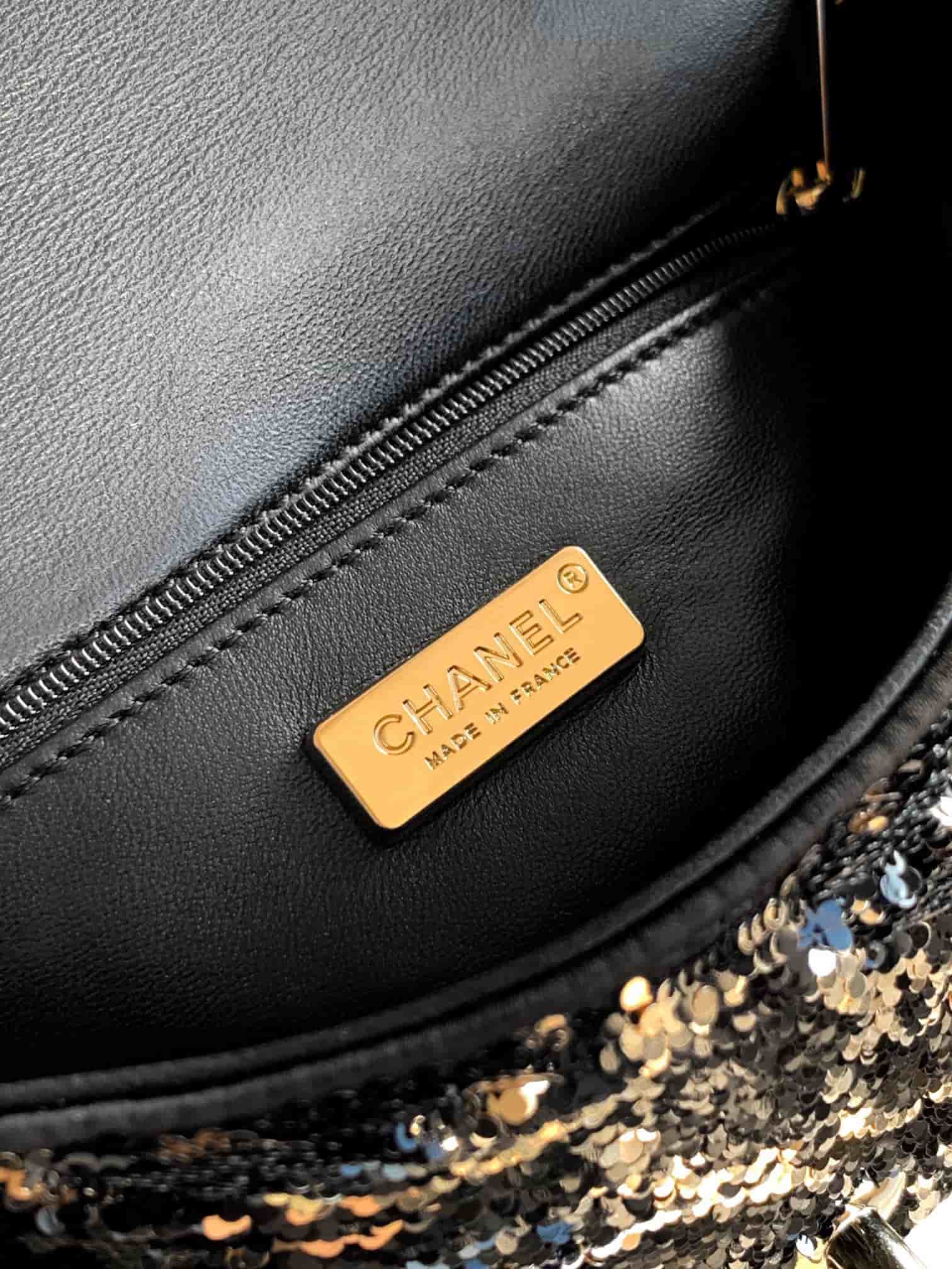 Chanel Classic Mini Flap Bag Sequins With Camellia Motif  & Gold-Tone Metal Black 6171 A