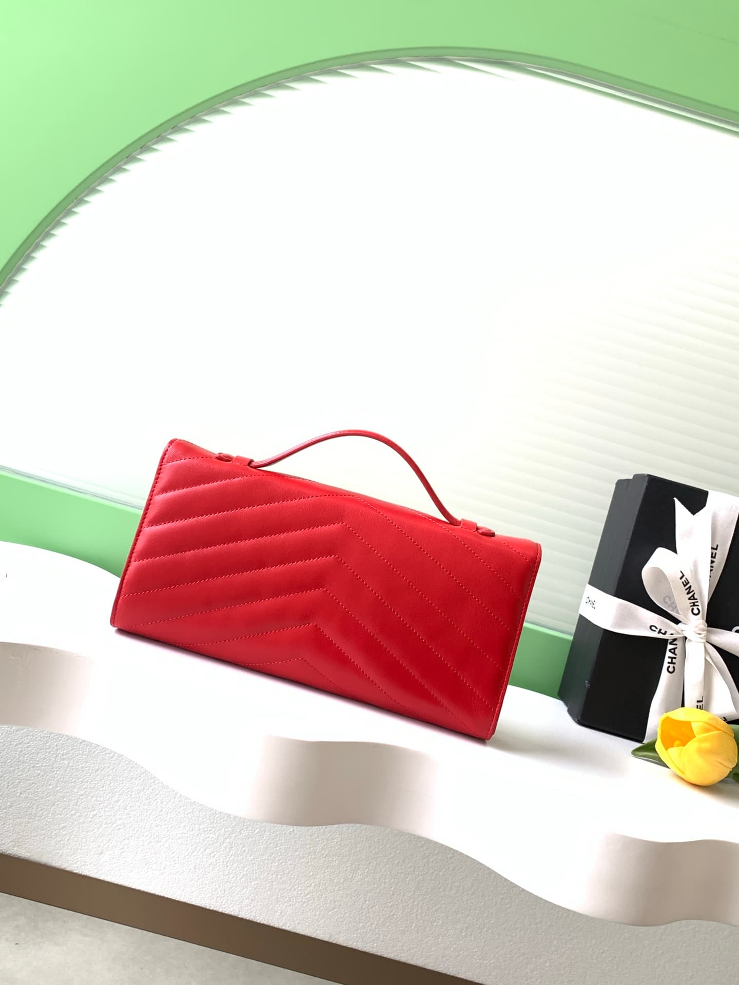Chanel Flap Bag with Top Handle Chevron Calfskin & Gold-Tone Metal Red AS6044 A