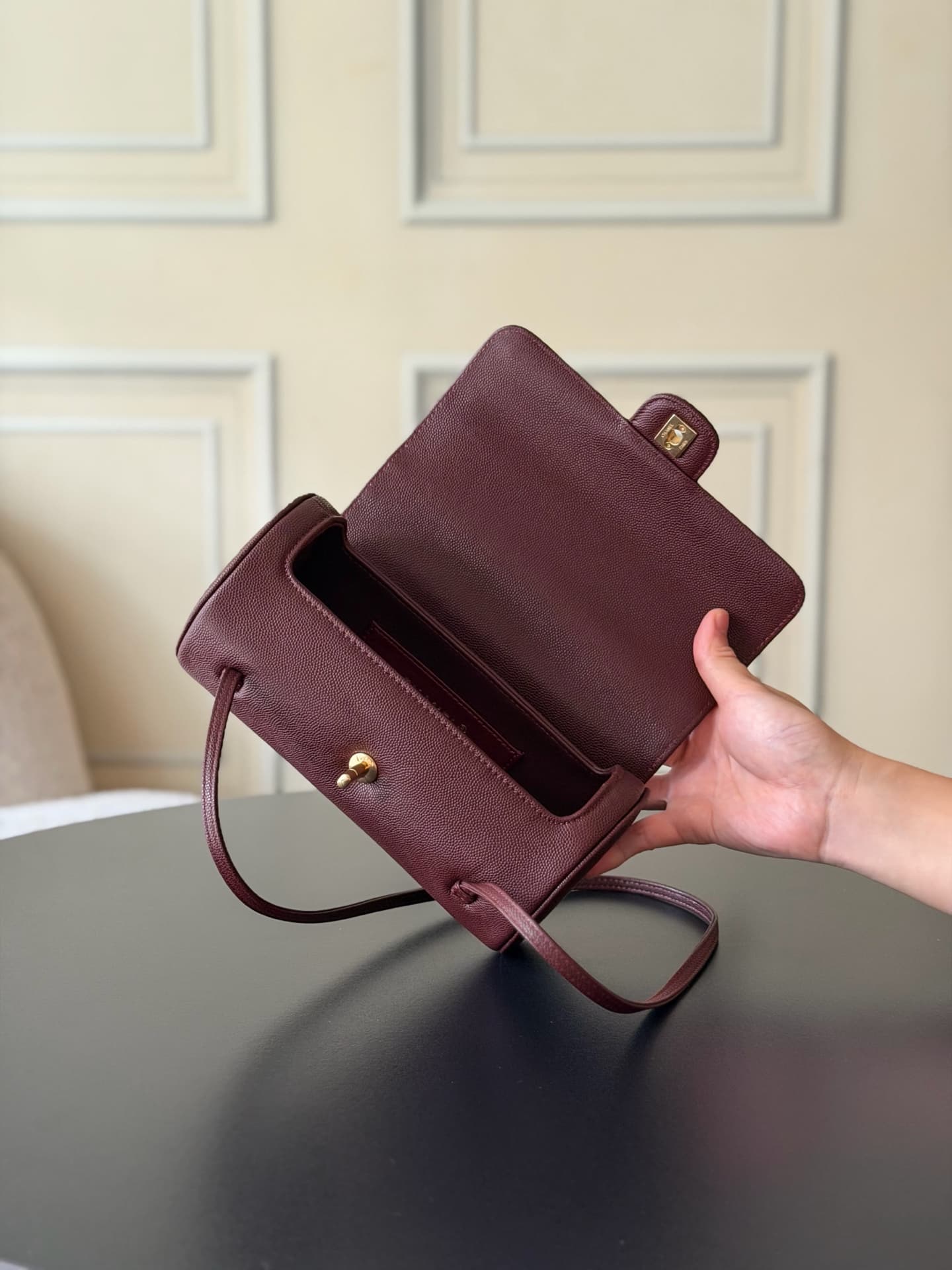 Chanel Small Bowling Bag Grained Shiny Calfskin & Gold-Tone Metal AS6143 Dark Burgundy High