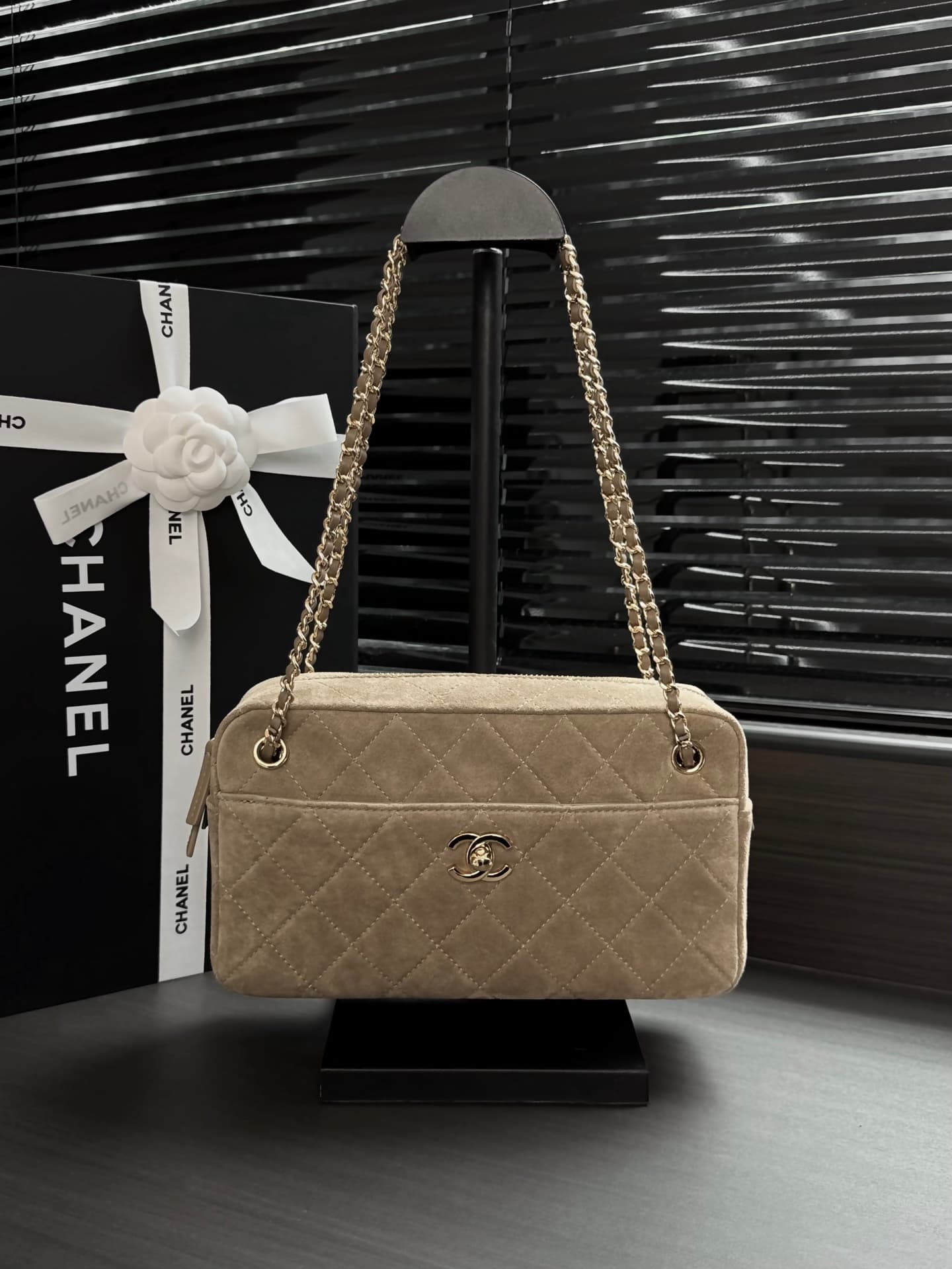 Chanel Maxi Camera Case Suede Calfskin & Gold Metal Dark Beige AS6443 A