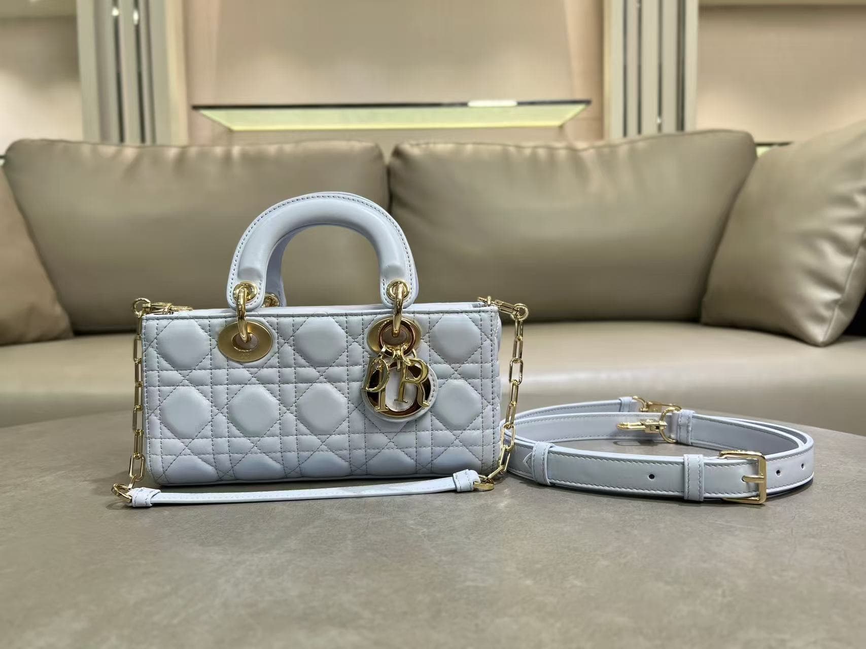 LADY D-JOY BAG SMALL Cannage Lambskin Ice Blue High