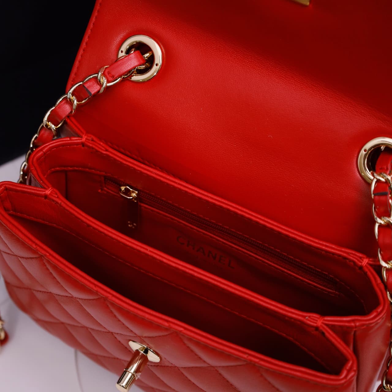 Chanel MINI FLAP BAG WITH TOP HANDLE AS4654 Lambskin &Gold-Tone Metal Light Red A