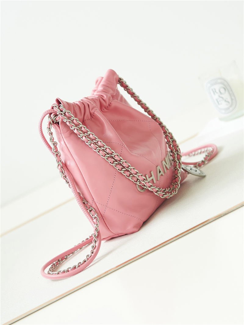 Chanel 22 MINI HANDBAG Shiny Calfskin Pink-Peach & Silver-Tone Metal AS3980 A