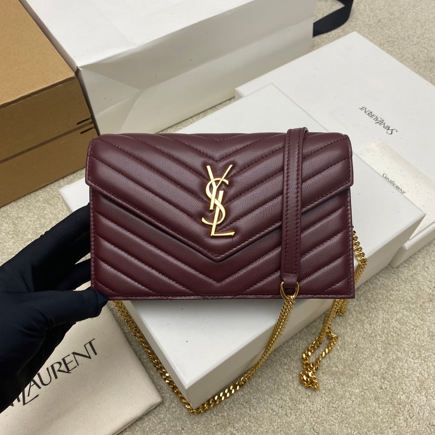 Saint Laurent Monogram Matelassé Cassandre Wallet on Chain Burgundy Lambskin 393953 High
