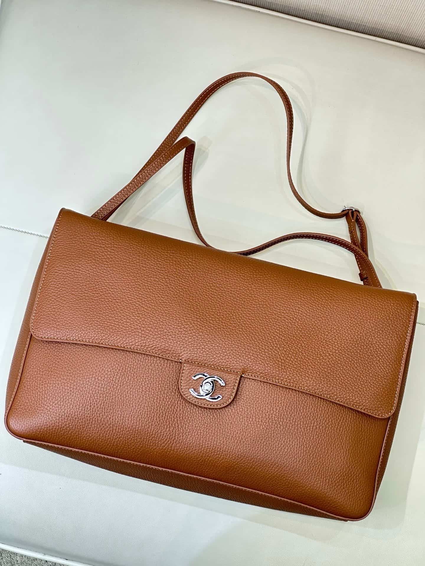 Chanel Maxi Flapbag Grained Calfskin & Silver Metal Caramel AS6233 TOP