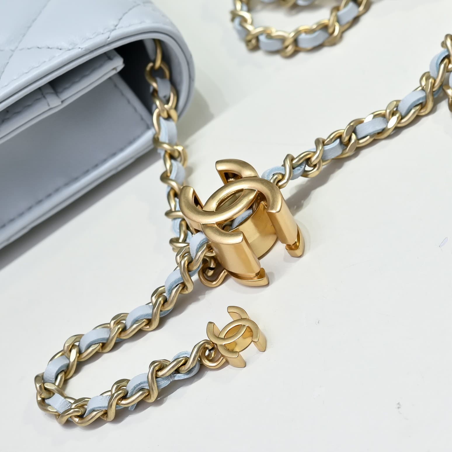 Chanel Wallet on Chain Quilted Leather  & Gold-Tone Metal Light Blue AP3938 High