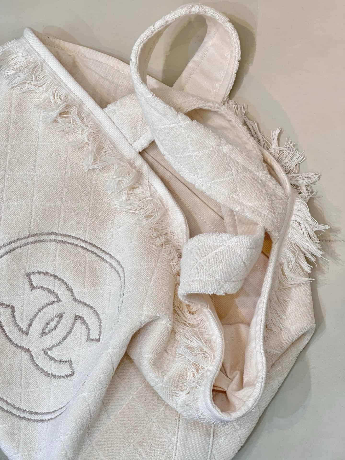 Chanel Beach Hobo Handbag Quilted White Terry Cloth TOP