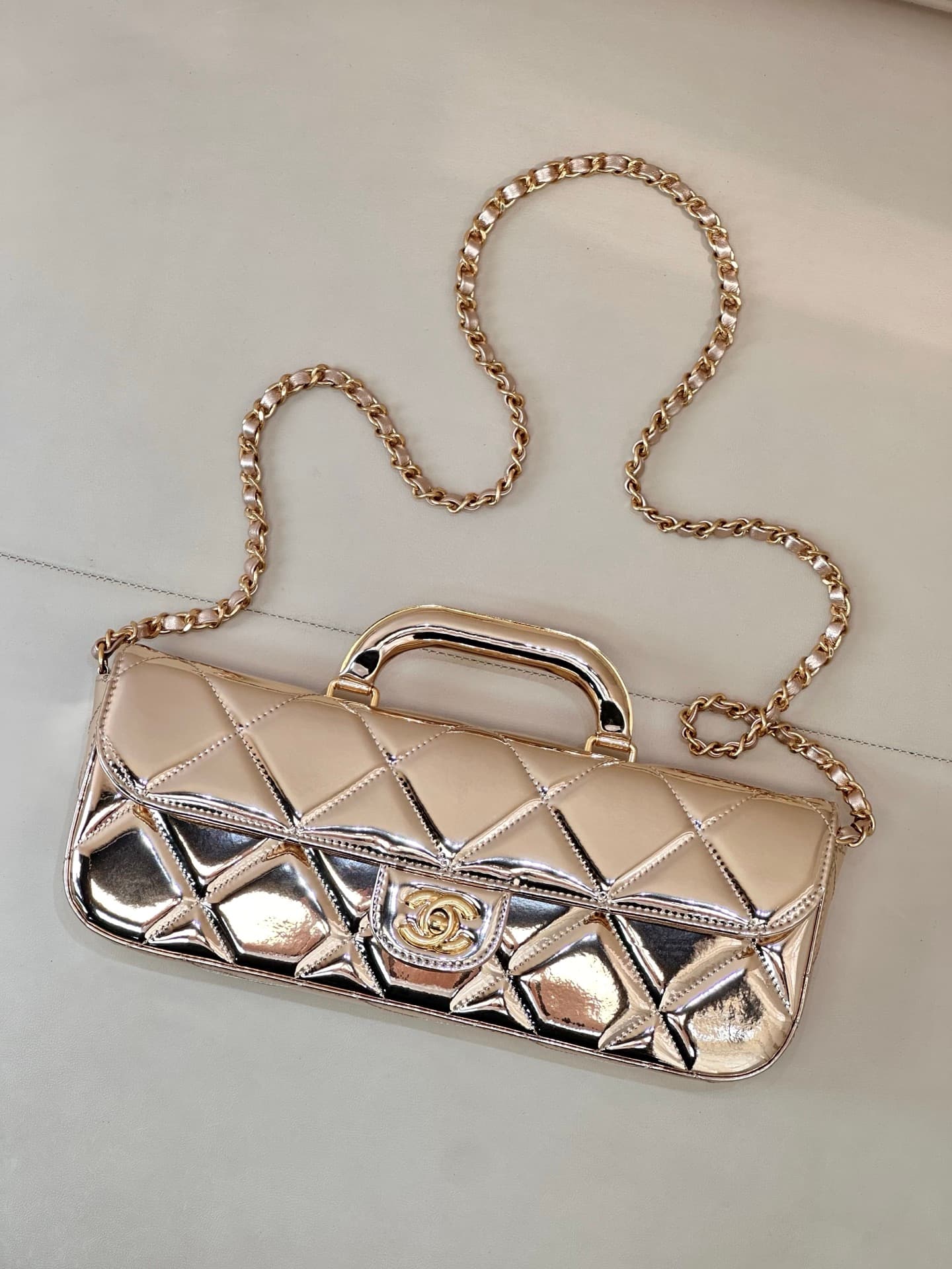 Chanel Large Flap Bag With Top Handle Metallic Mirror Lambskin & Gold-tone Metal AS5807 Gold TOP