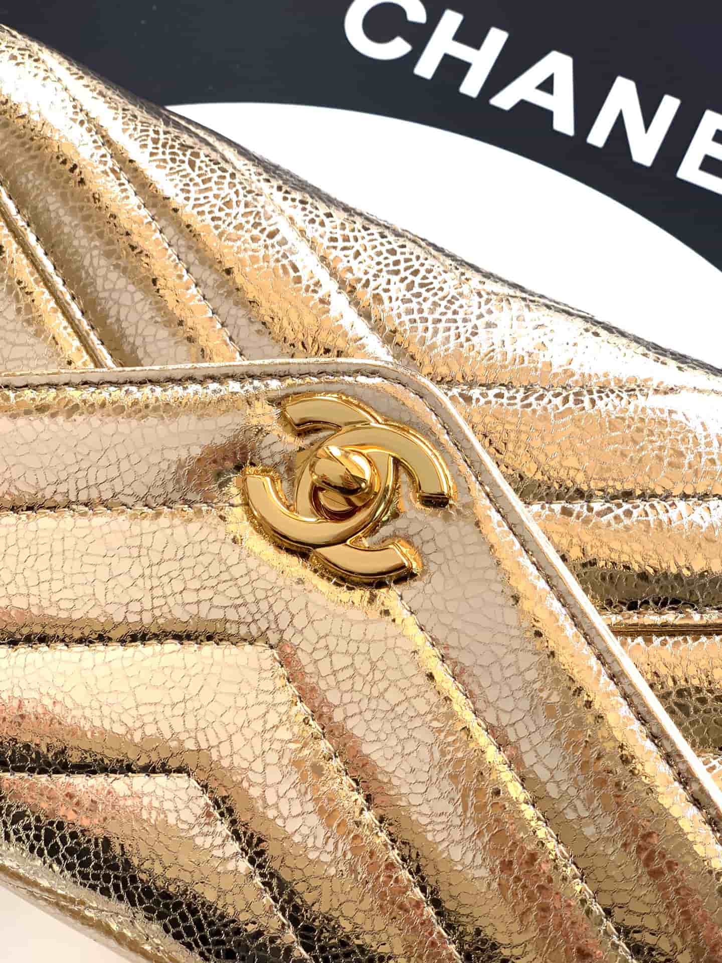 Chanel Flap Bag with Top Handle Metallic Chevron Lambskin Leather Finish& Champagne Gold-Tone Metal Gold AS6044 A