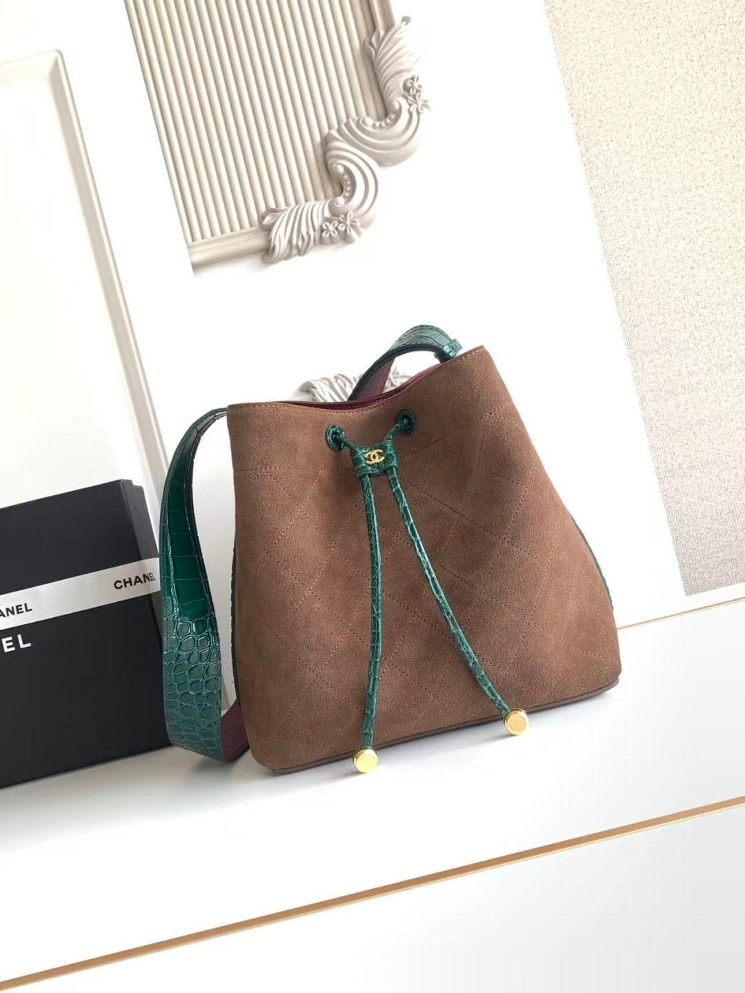 Chanel Small Bucket Bag Suede Calfskin & Gold-Tone Metal Coffee AS6584 A