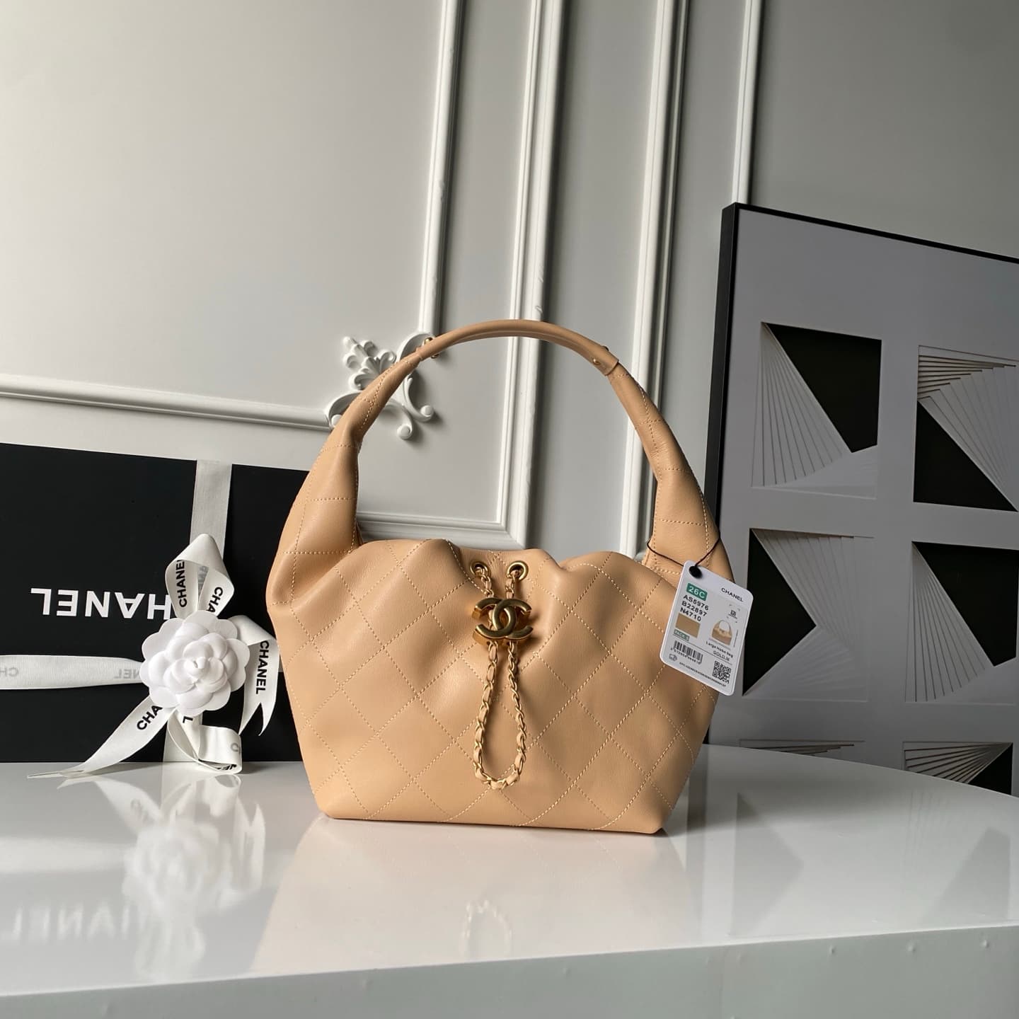 Chanel Hobo Handbag Calfskin & Gold-Tone Metal AS5976 Beige A