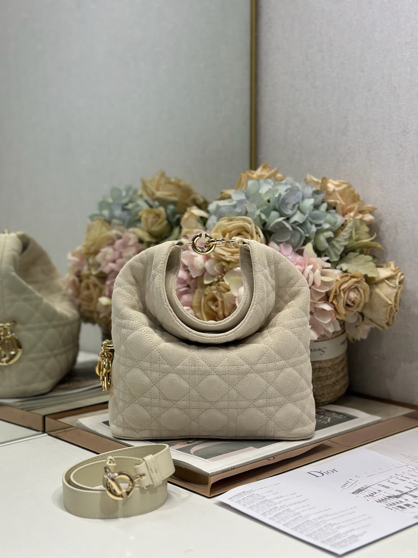 Dior Quilting Suede Handbag Beige High