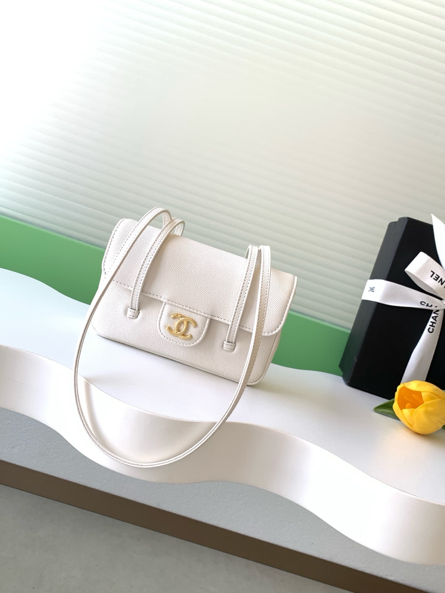 Chanel Clutch with Leather Strap Grained Shiny Calfskin & Gold-Tone Metal White AP5068 A