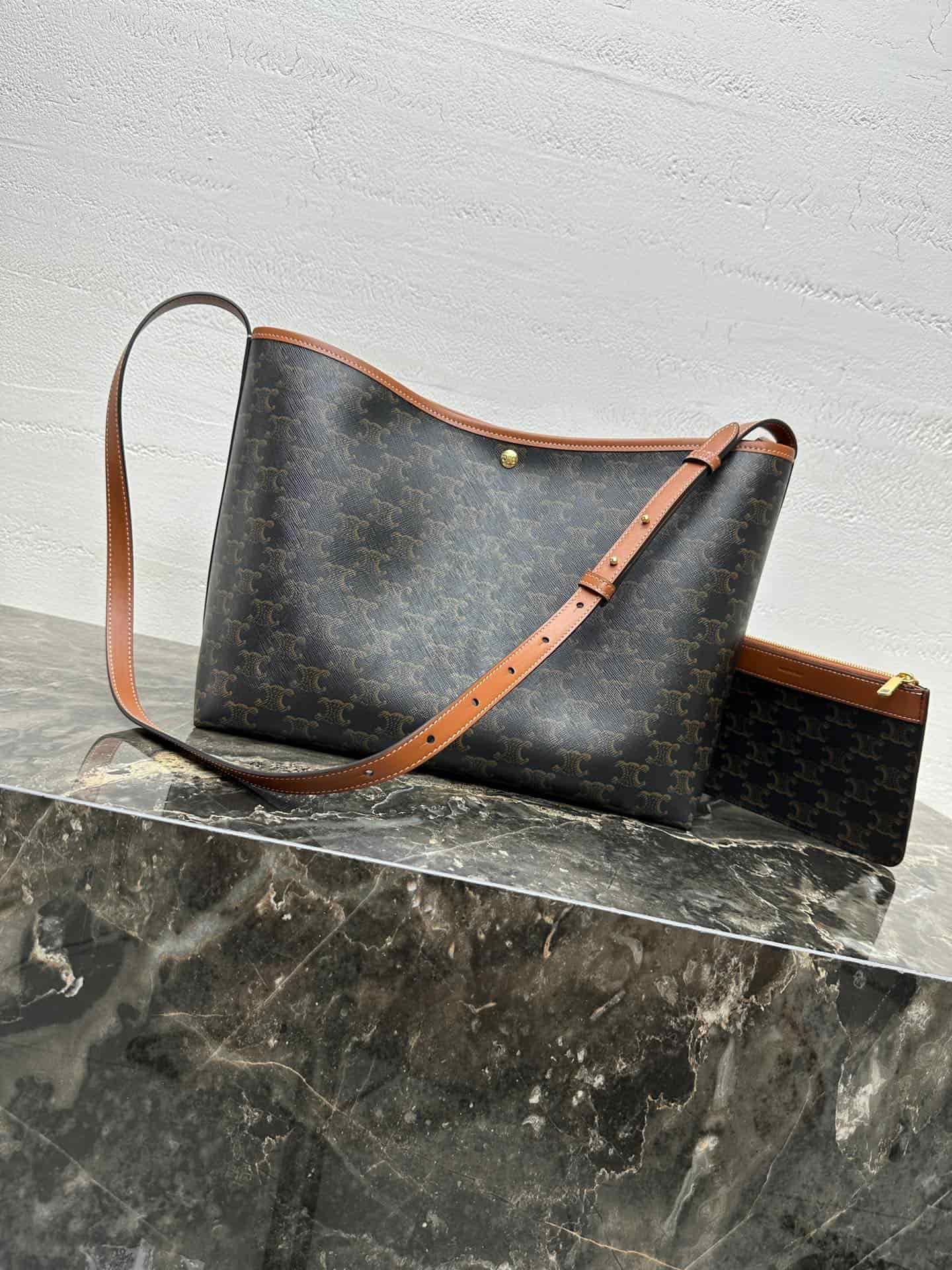 Celine SOFT SHOPPER BAG IN Triomphe Canvas and Calfskin  123912 TAN High