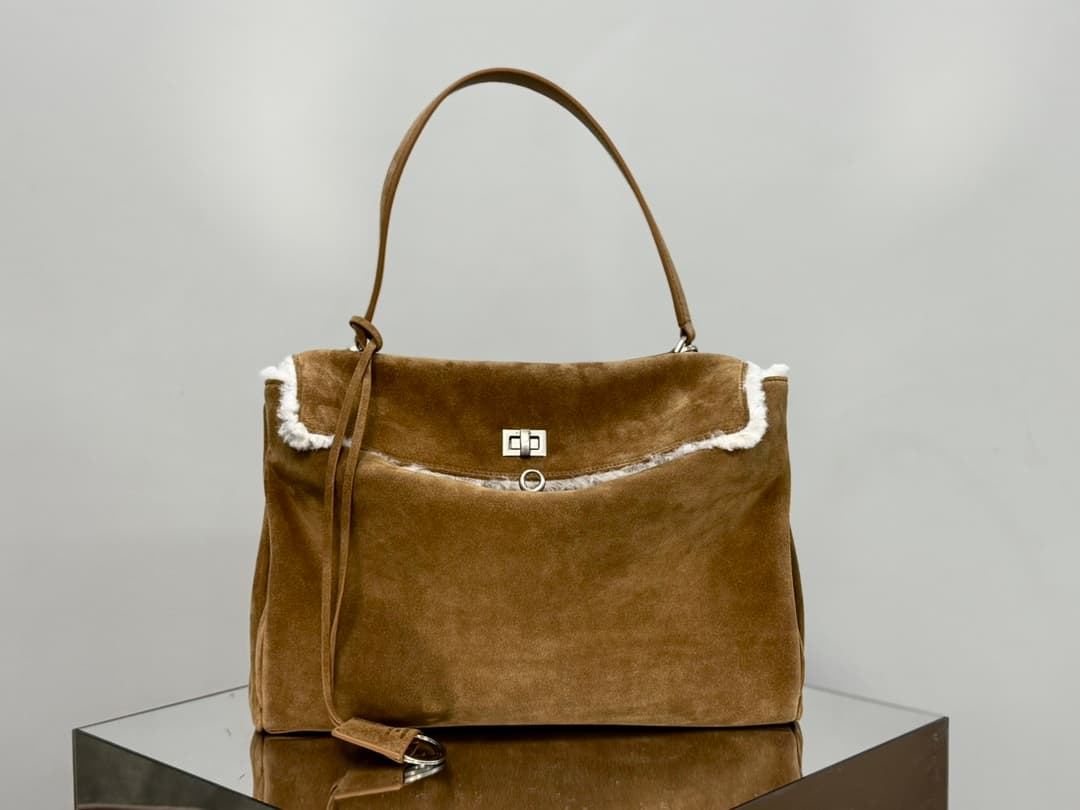 Balenciaga Rodeo Medium Bag in Noce Suede Calfskin and White Fleece With Silver-Tone Metal TOP