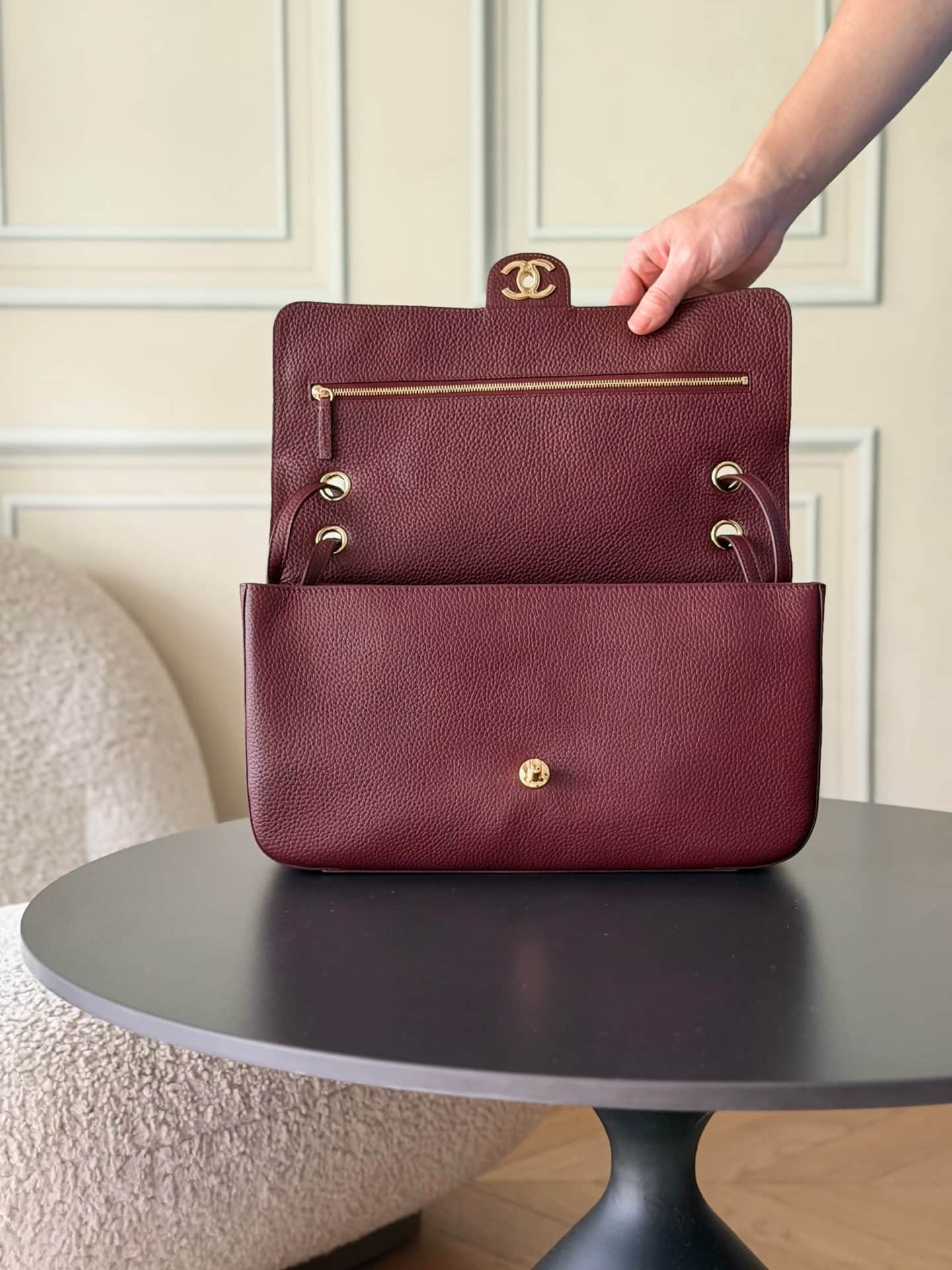 Chanel Maxi Flapbag Grained Calfskin & Gold-Tone Metal Claret AS6231 A