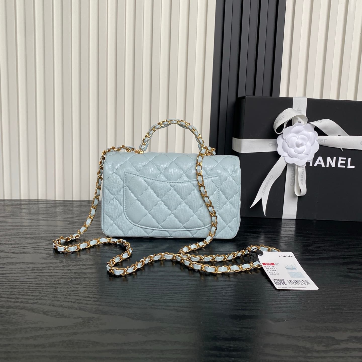Chanel Mini Flap Bag with Top Handle Grained Shiny Calfskin &  Gold-Tone Metal Blue AS5702 A