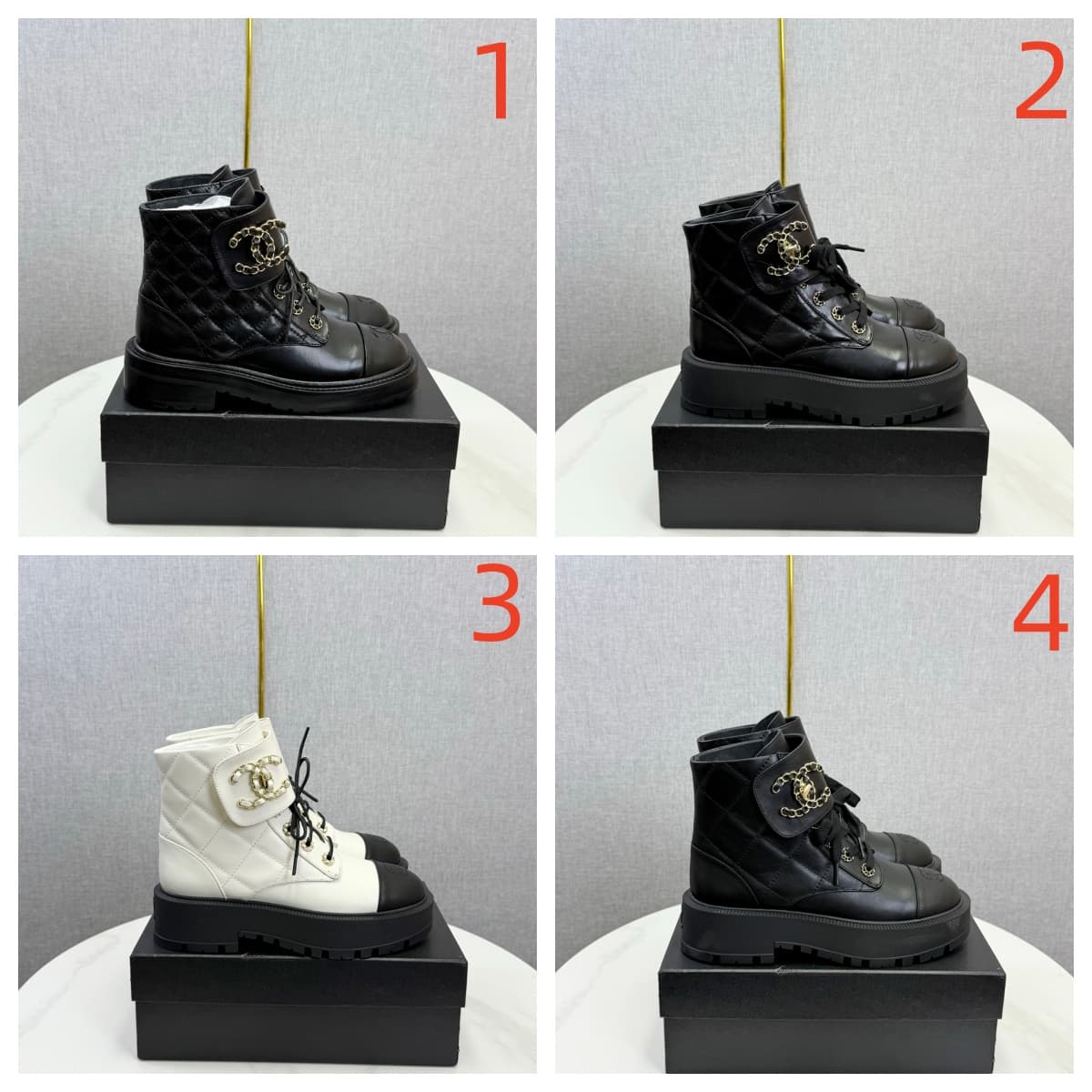 Chanel Shiny Calfskin Quilted Lace Up Combat Boots Shoes Women