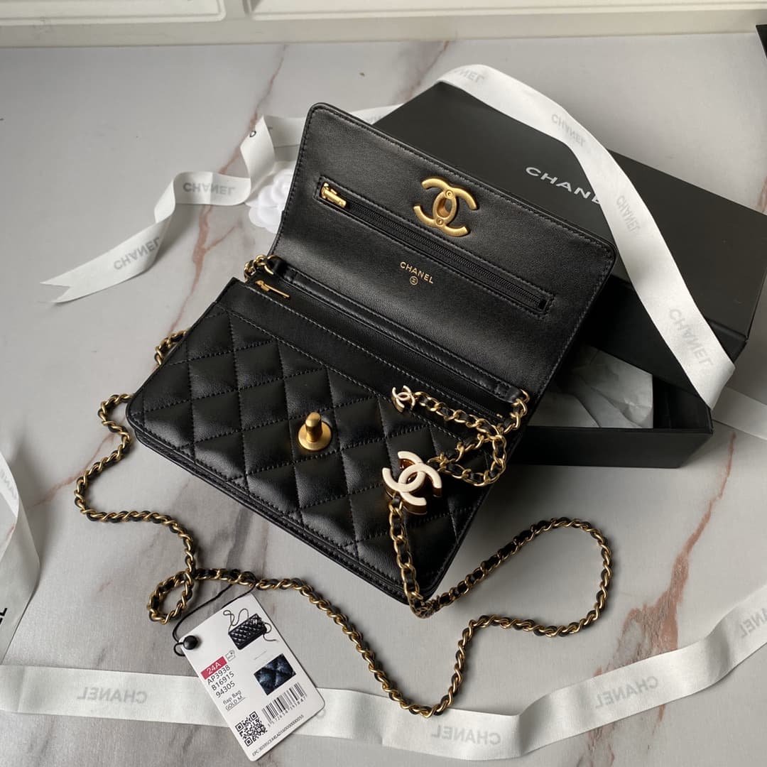 Chanel Wallet On Chain Shiny Lambskin, Enamel, Gold Tone Metal Black A
