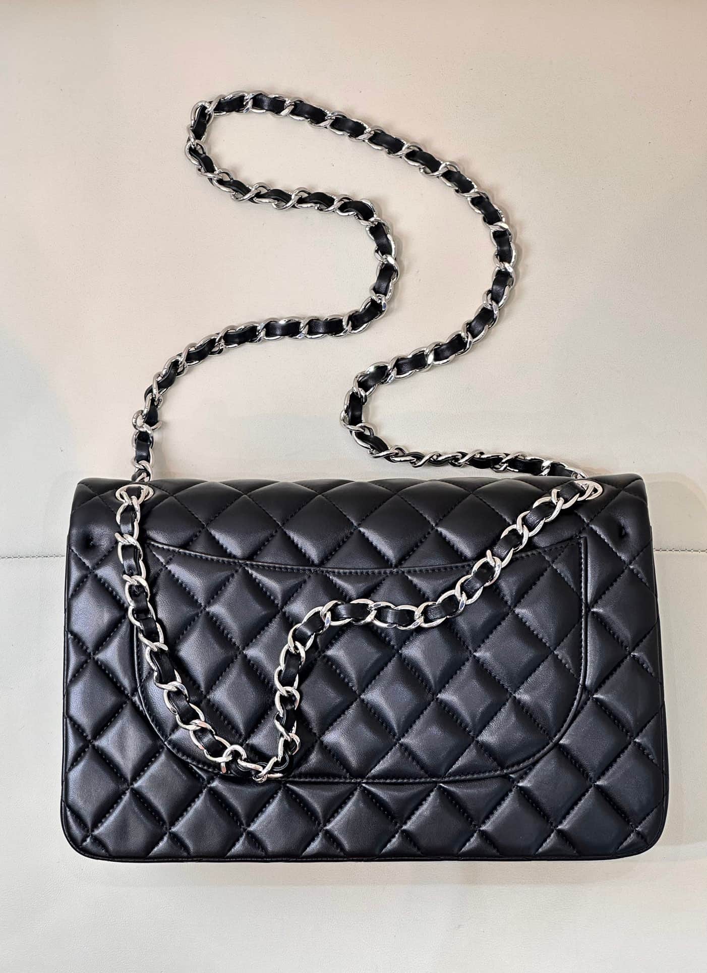 Chanel Large CLASSIC HANDBAG Lambskin Black Silver Metal TOP