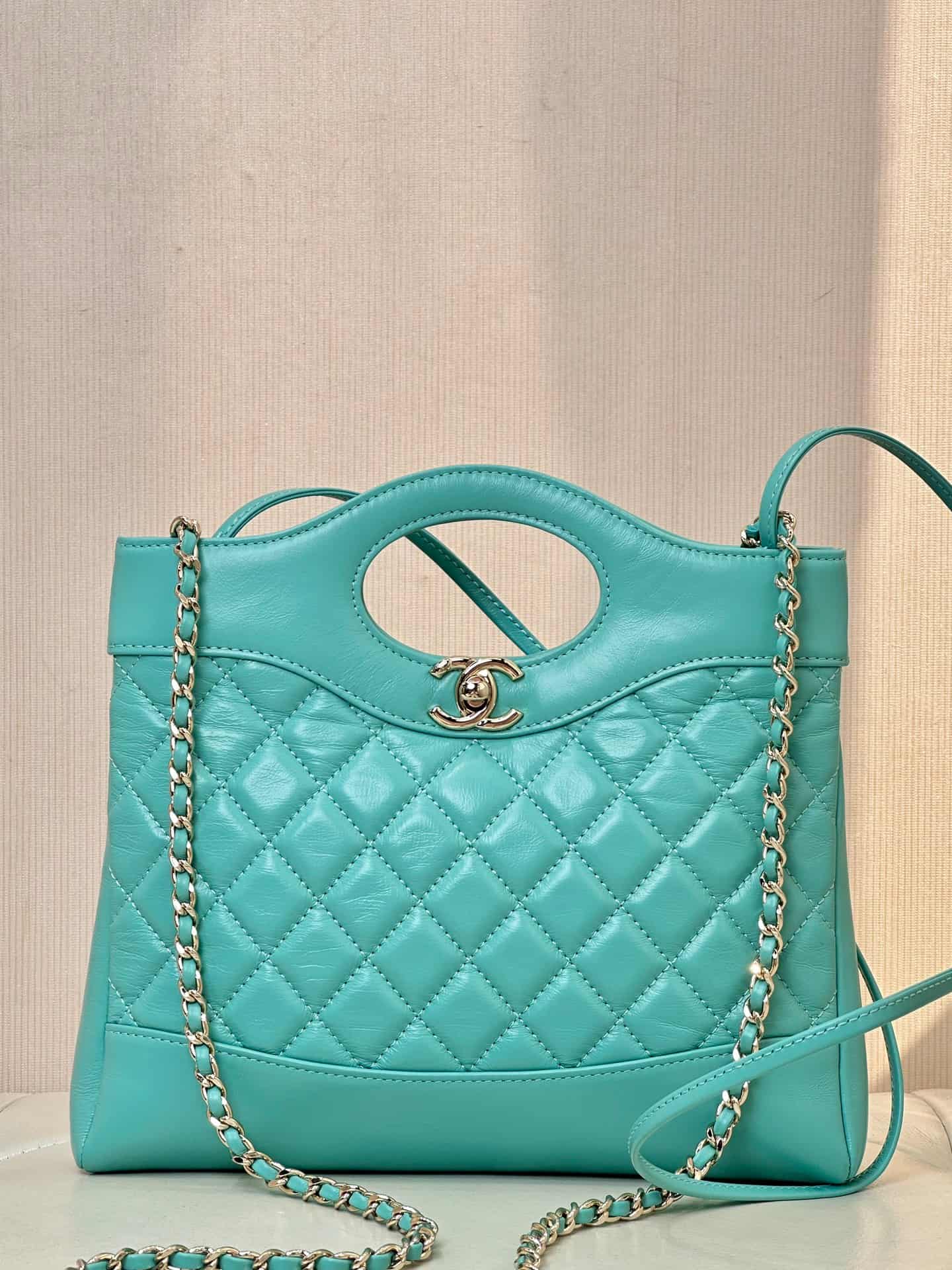 CHANEL 31 Mini Shopping Bag Shiny Calfskin & Gold-Tone Metal AS4133 Blue TOP