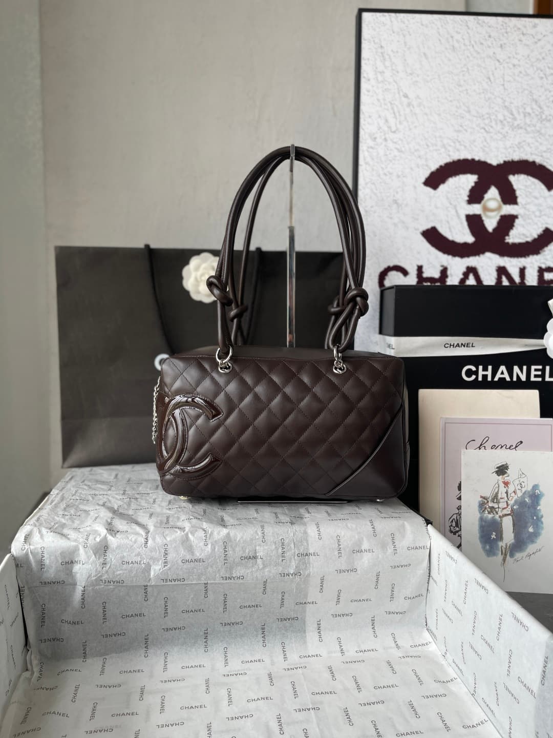 Chanel Cambon Ligne Bowler bag Calfskin & Silver-Tone Metal AS25171 Dark Brown High