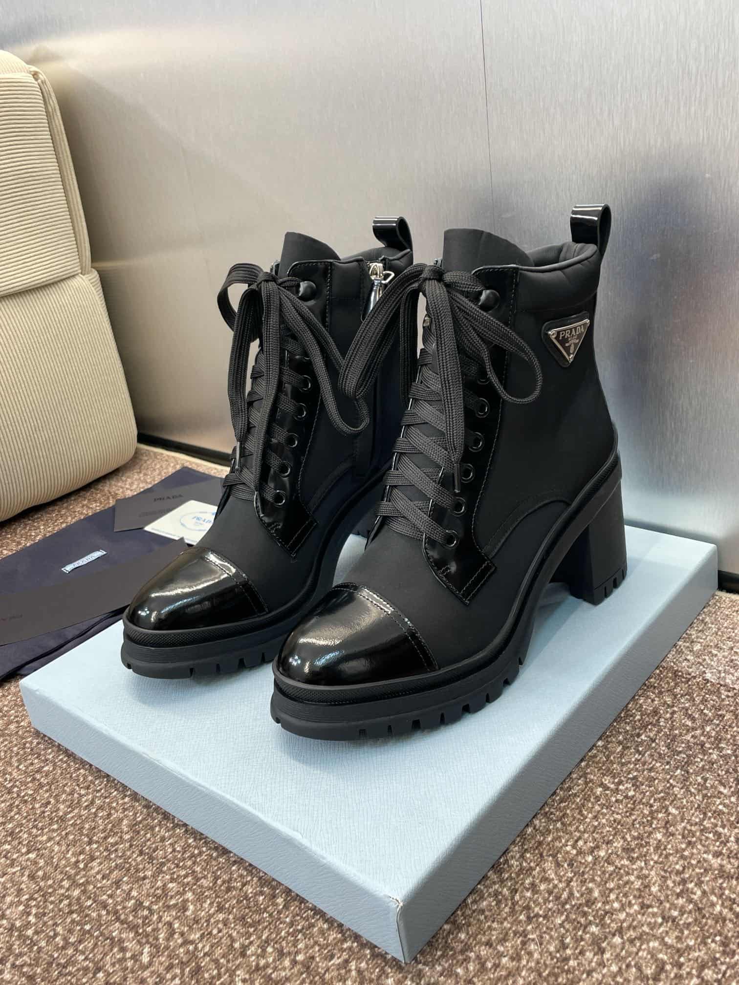 Prada Enameled Metal Triangle Nylon Combat Boots Shoes Medium Women
