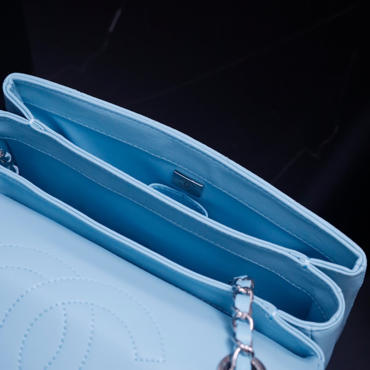 SMALL FLAP BAG WITH TOP HANDLE Lambskin Silver Metal Sky Blue A