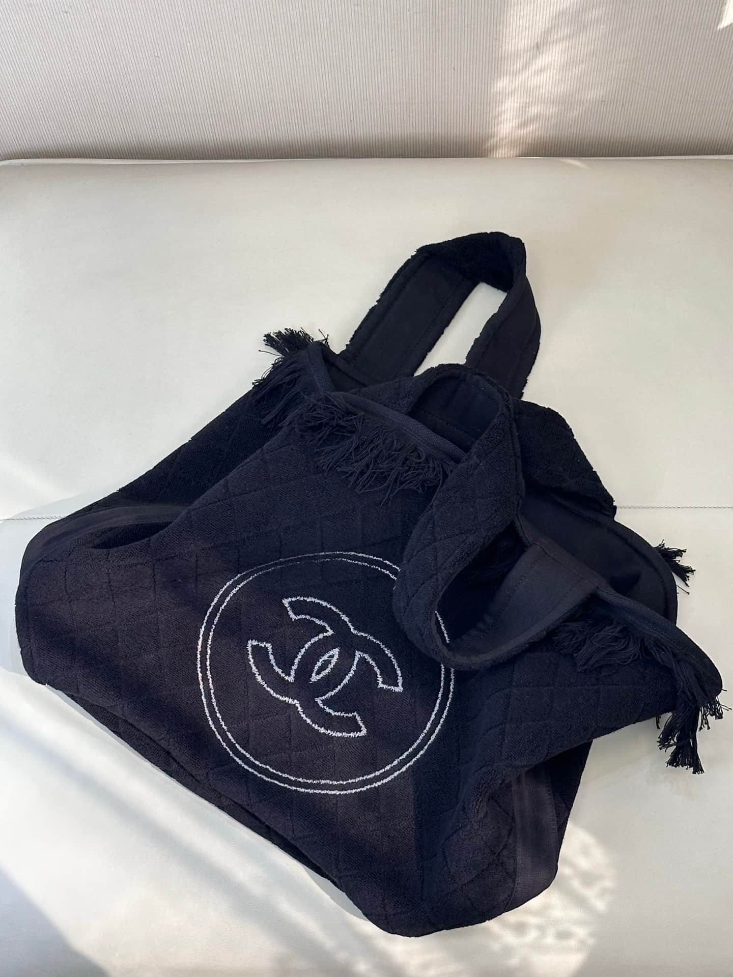 Chanel Beach Hobo Handbag Quilted Black Terry Cloth TOP