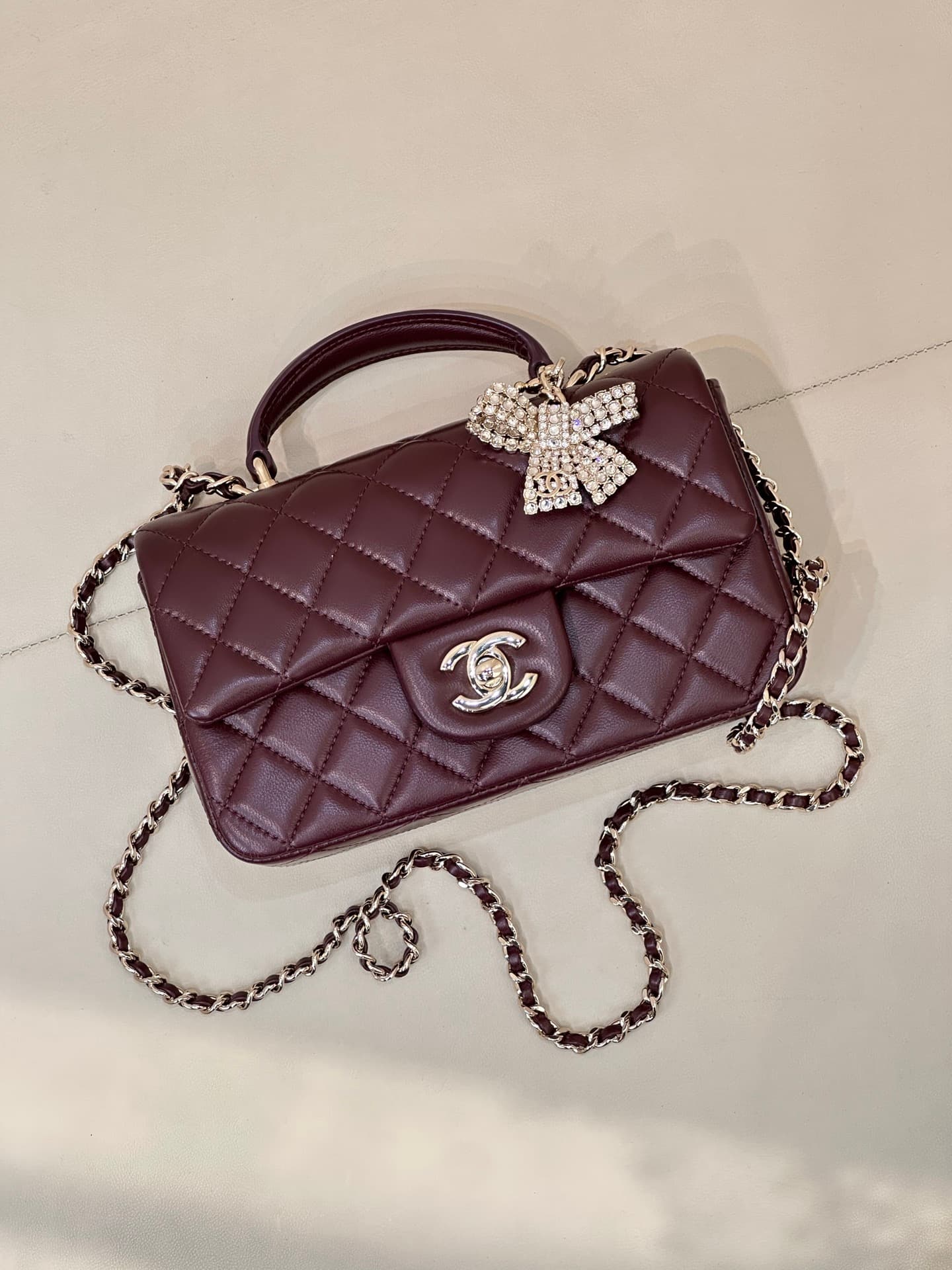 Chanel Mini Classic Handbag Lambskin Strass & Gold-Tone Metal AS2431 Burgundy TOP