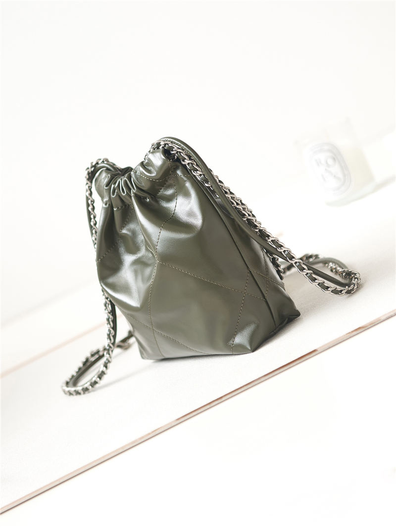 Chanel 22 MINI HANDBAG Shiny Calfskin Olive & Silver-Tone Metal AS3980 A