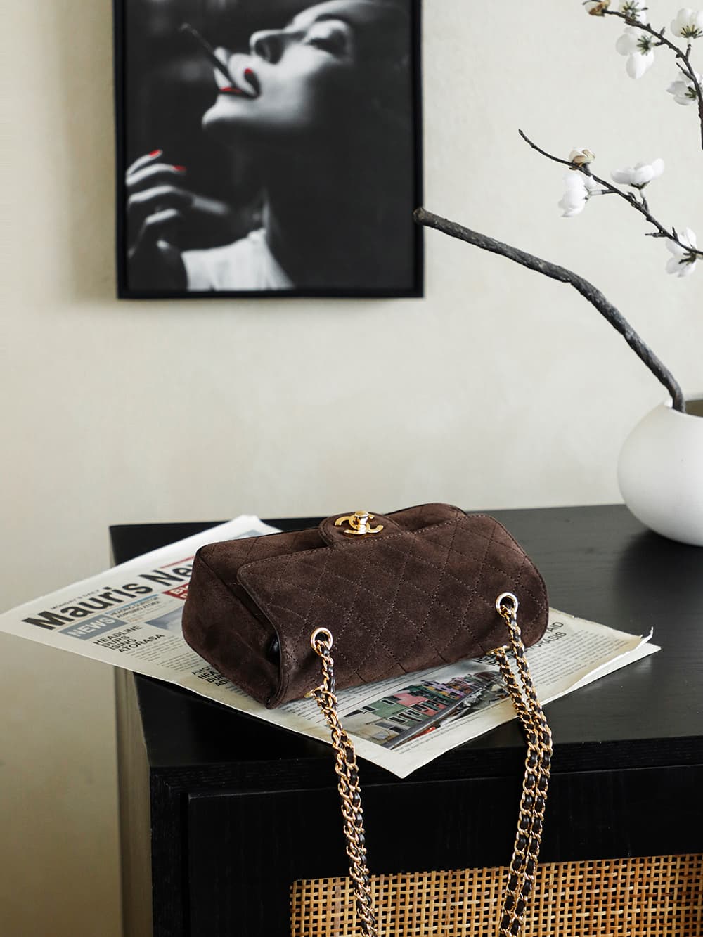 Chanel Maxi Flap bag Suede Calfskin & Gold-Tone Metal Dark Brown AS6627 A