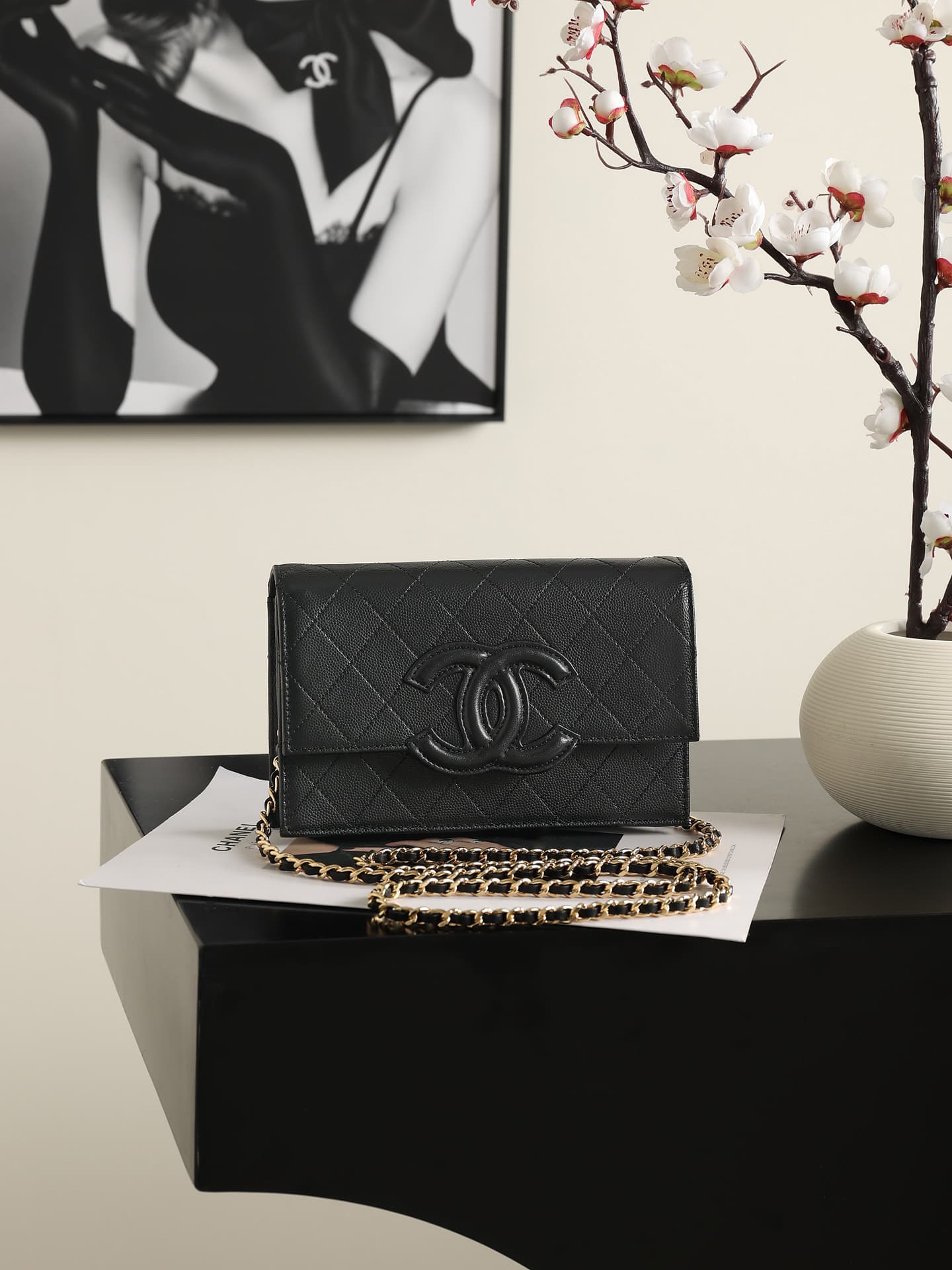 Chanel Wallet on Chain Shiny Grained Calfskin Lambskin & Gold-Tone Metal Black AP5455 A