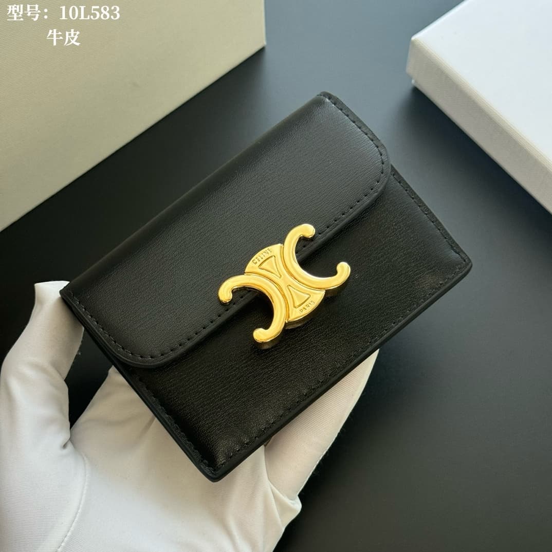 Celine Triomphe Flap Card Holder in shiny black calfskin High