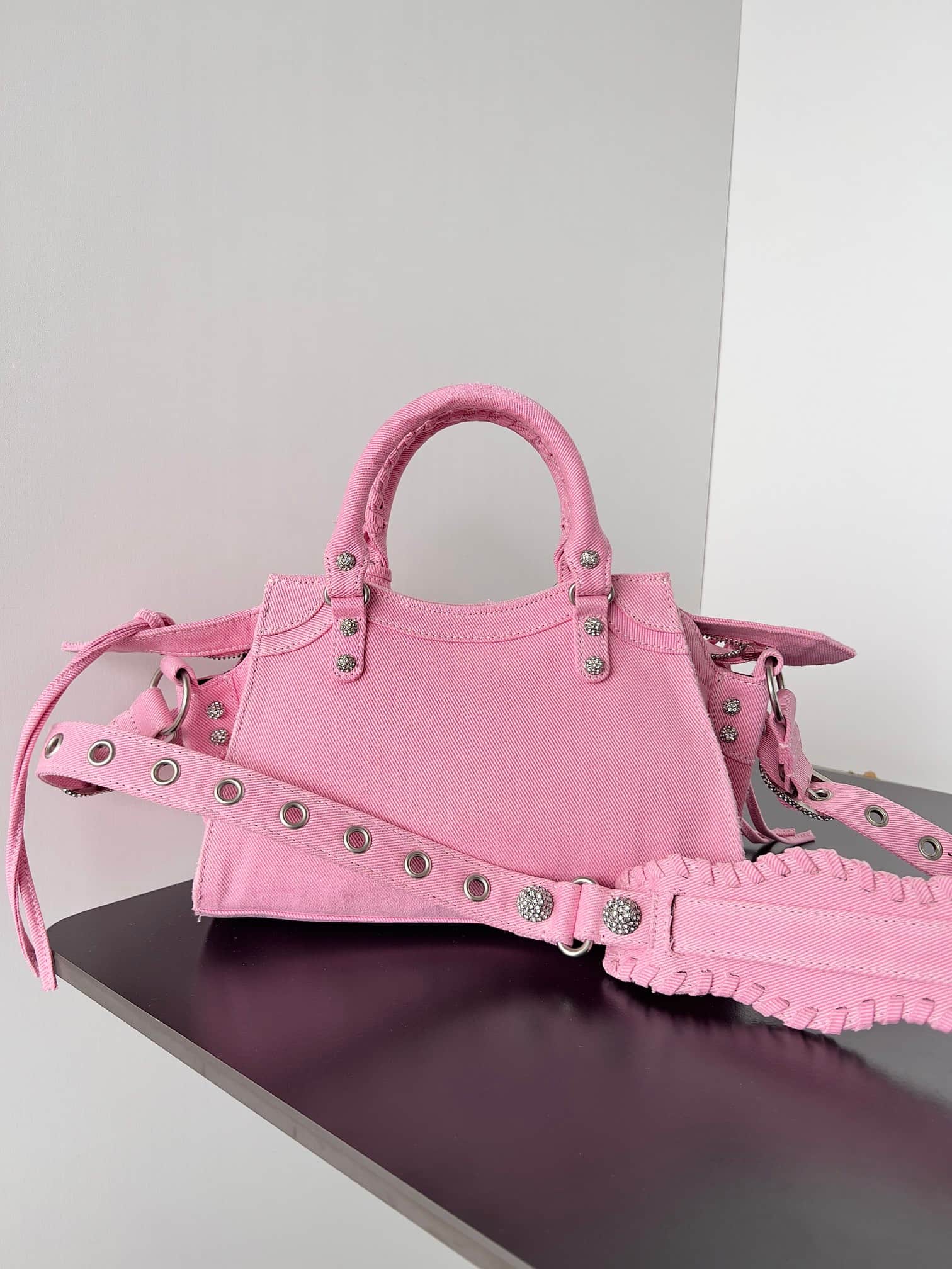Balenciaga Small Neo Cagole City bag in Pink Washed Frayed Denim with crystal High