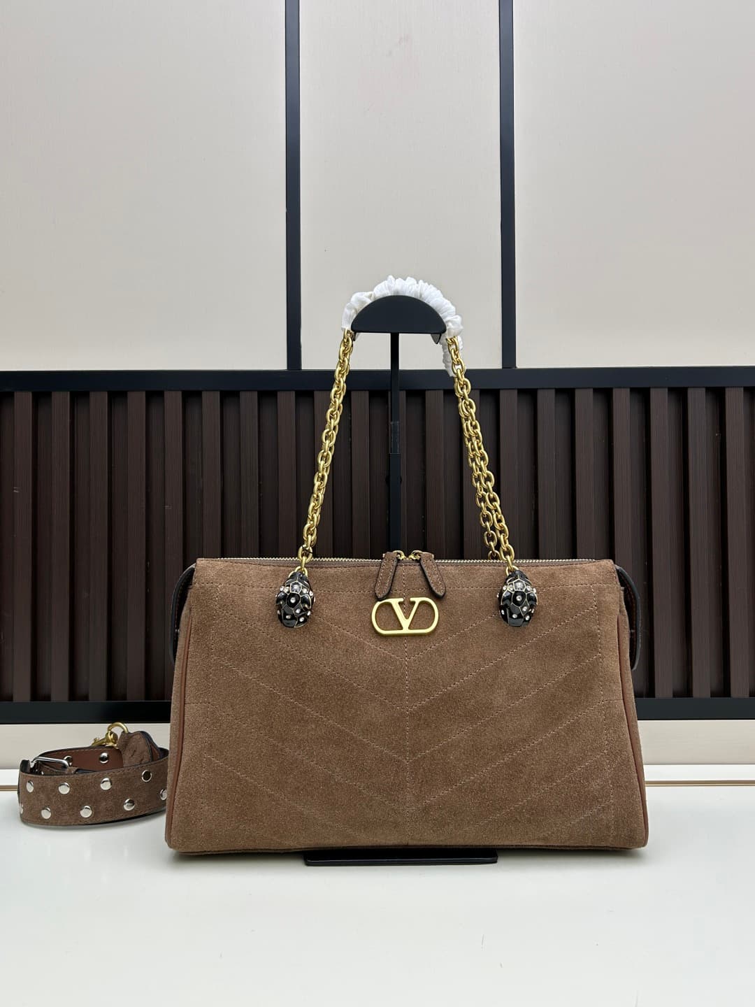 Valentino VLogo Garavani Panthea Shoulder Bag Dark Brown Suede Mid