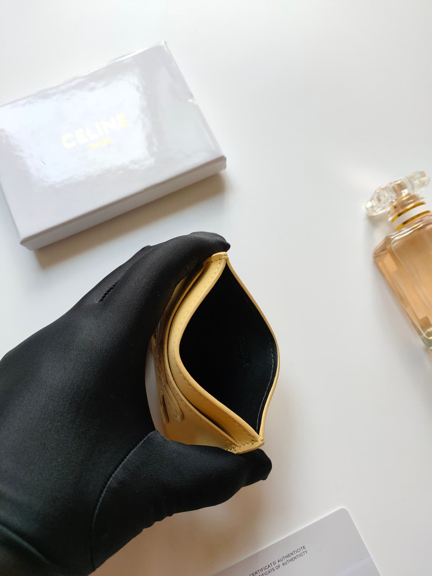 Celine Triomphe card holder in yellow shiny calfskin leather 10B703 High