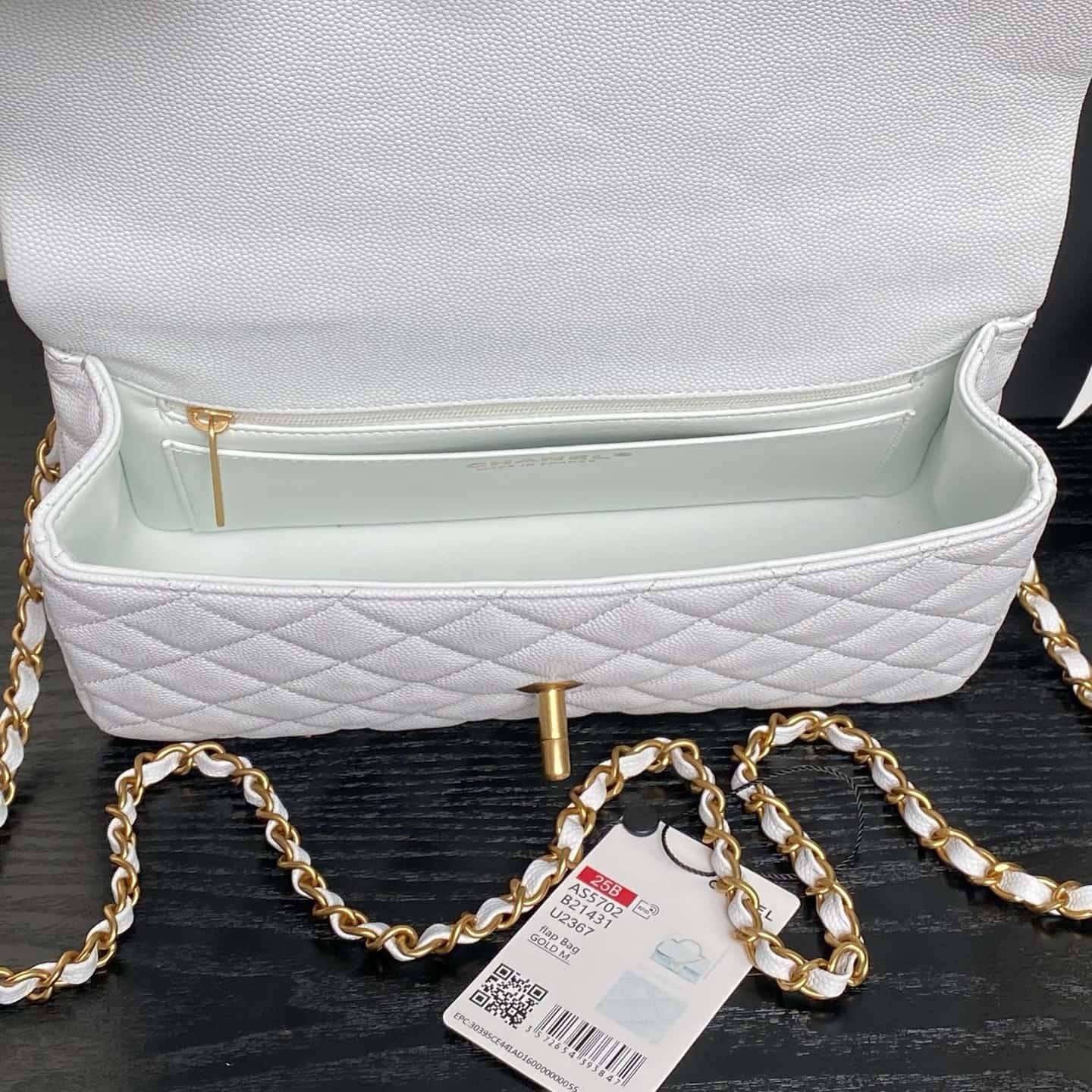 Chanel Small Flap Bag with Top Handle Grained Shiny Calfskin &  Gold-Tone Metal White AS5702 A