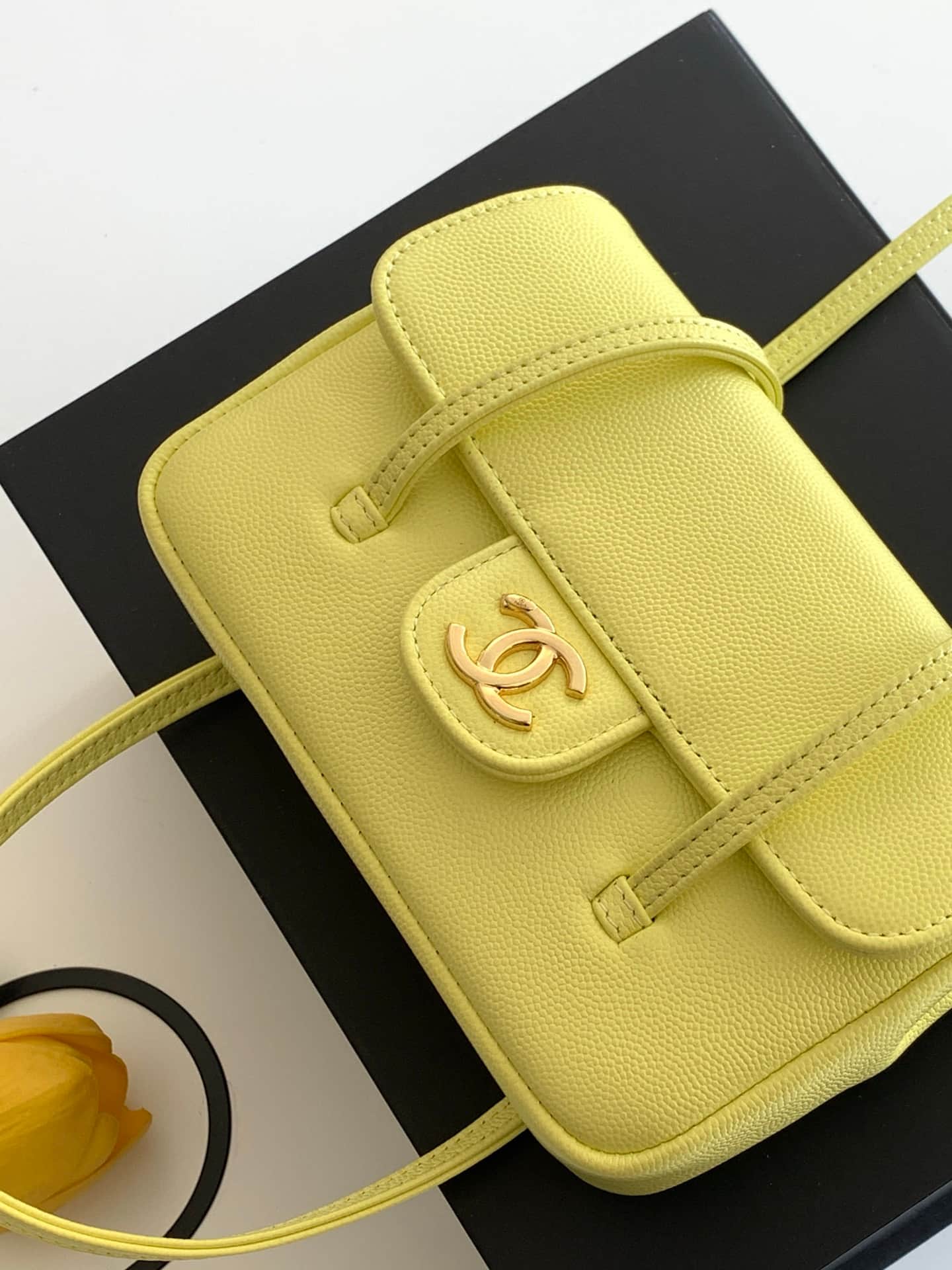 Chanel Clutch with Leather Strap Grained Shiny Calfskin & Gold-Tone Metal Yellow AP5068 A