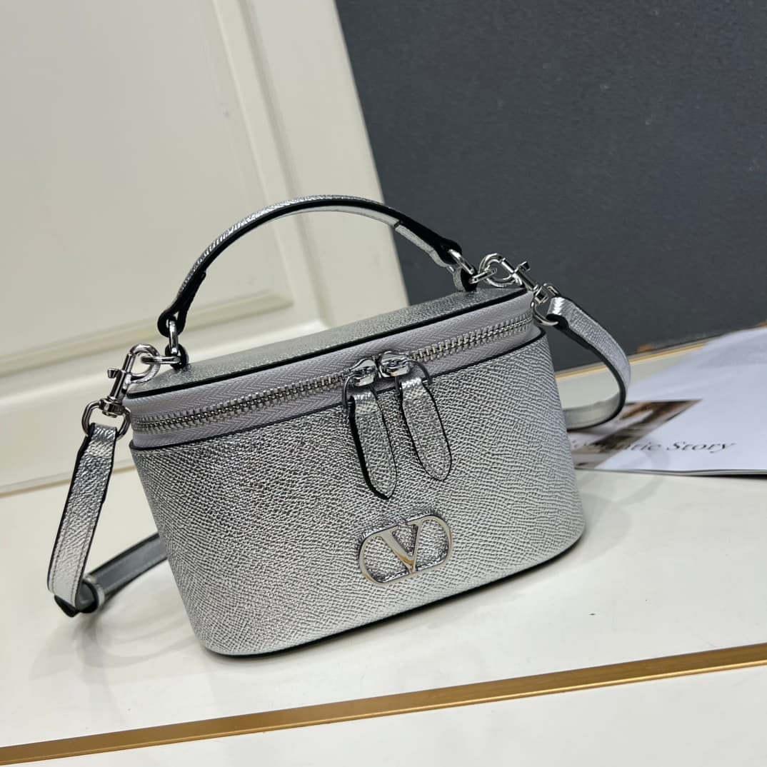 Valentino Garavani VLogo Signature Mini Vanity Bag in Silver Calfskin Mid