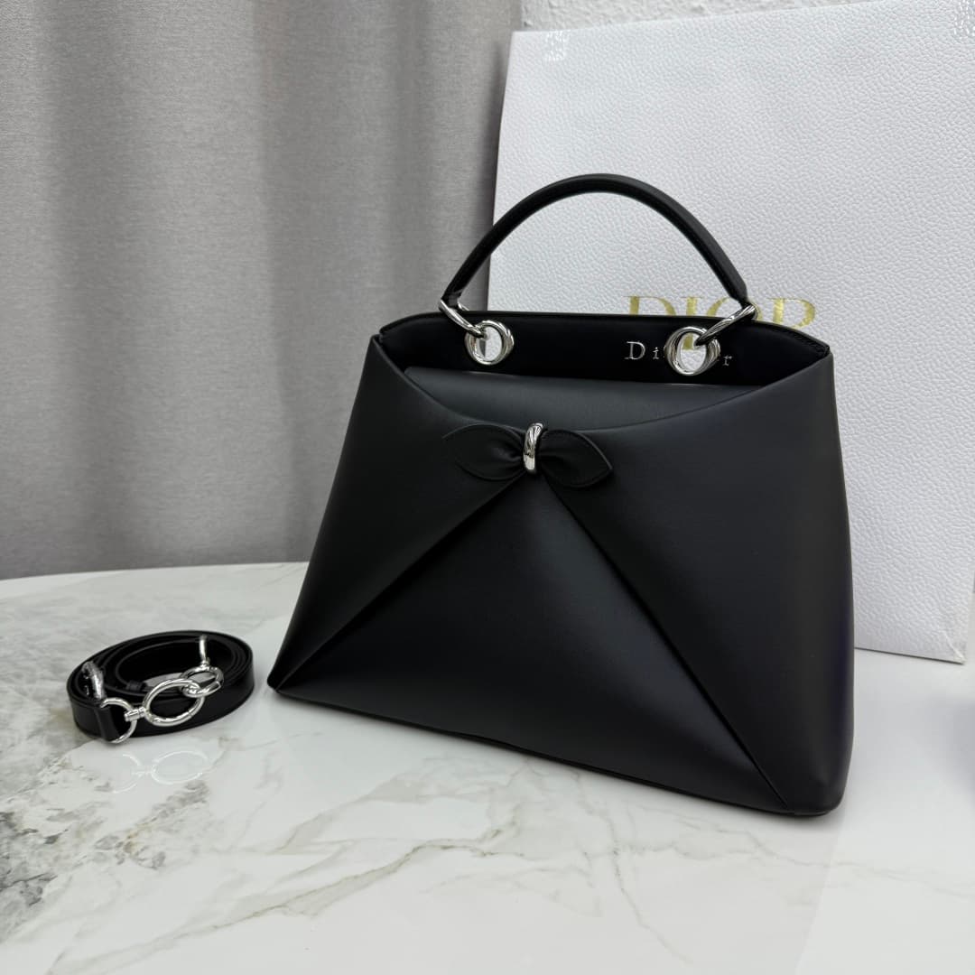 Large Dior Cigale Bag Black with Silver Metal Shiny Supple Calfskin High