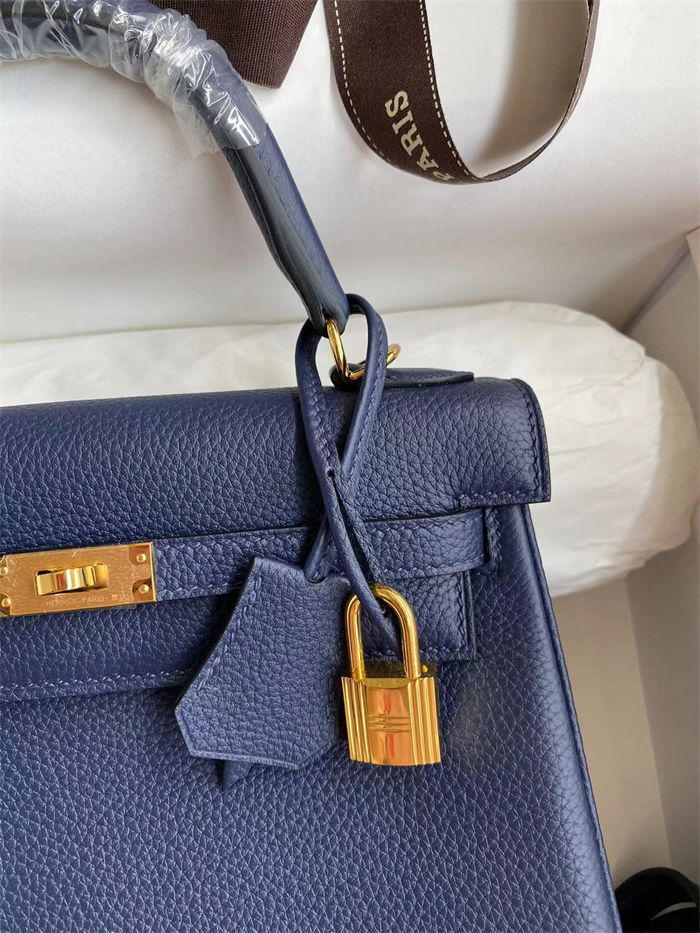 Hermes Kelly 25/28/32cm Retourne Bag Togo Leather In bleu obscur WAX High